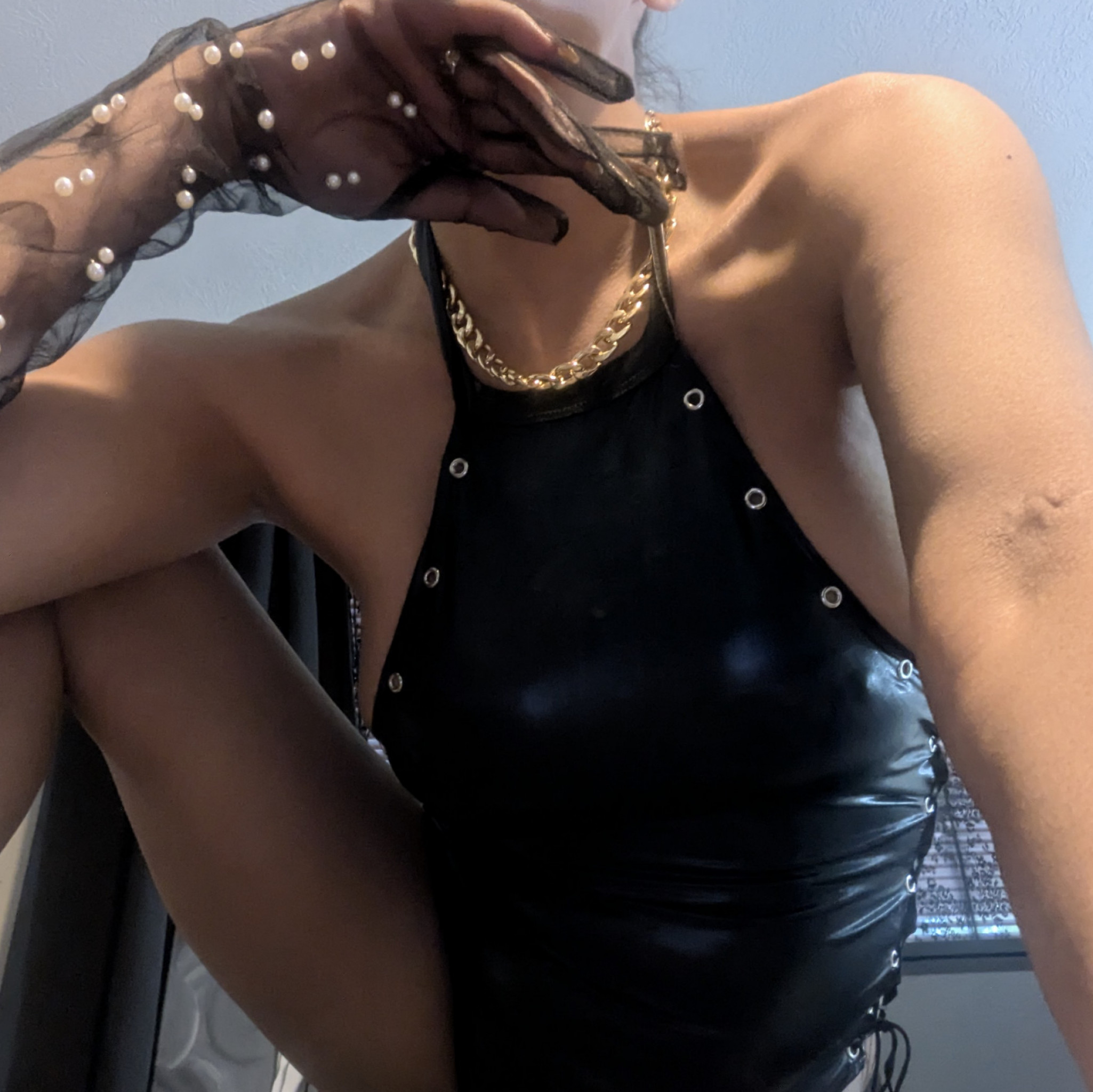 Black latex bodysuit with ties