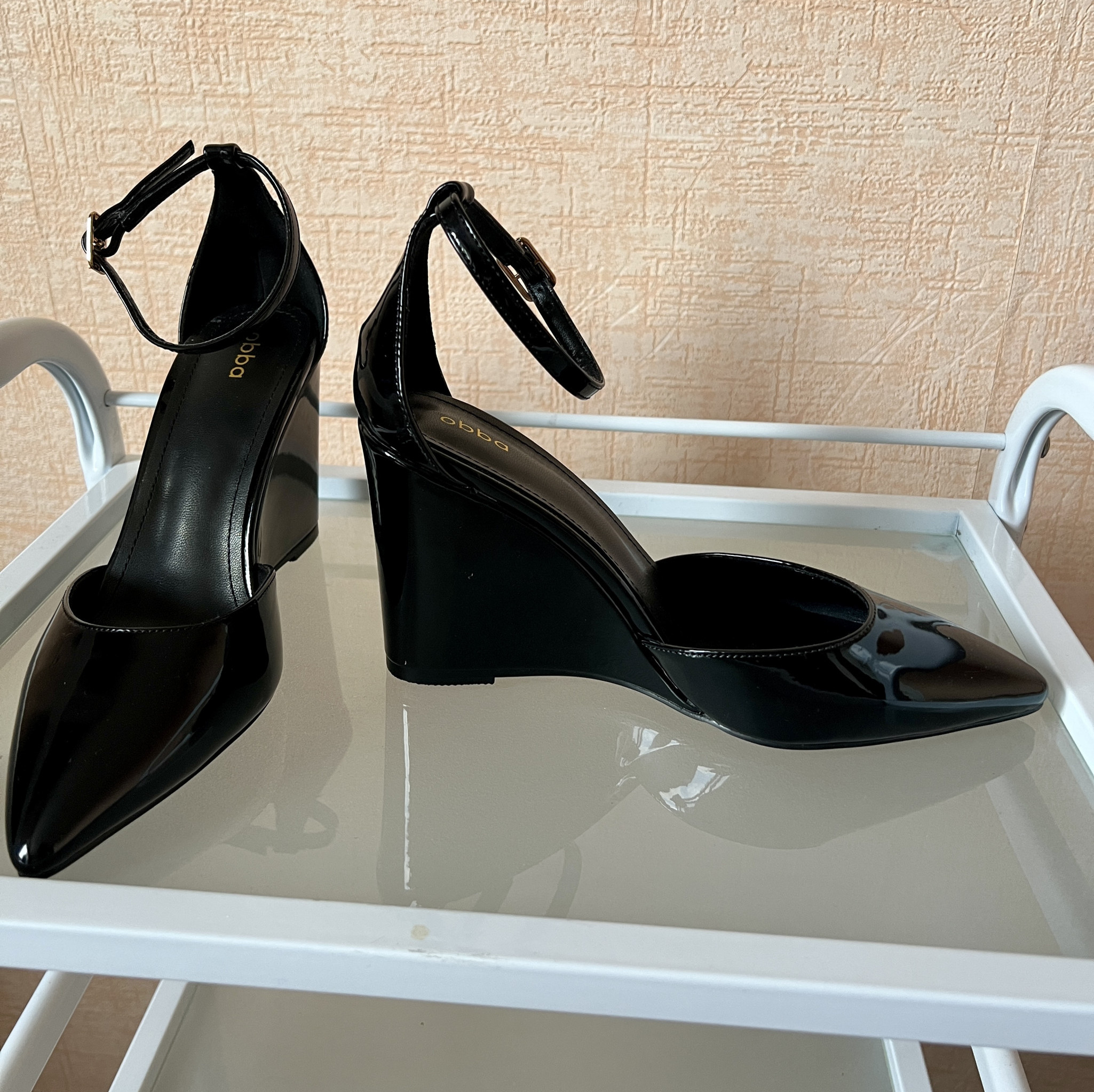 Black patent leather shoes with ankle strap