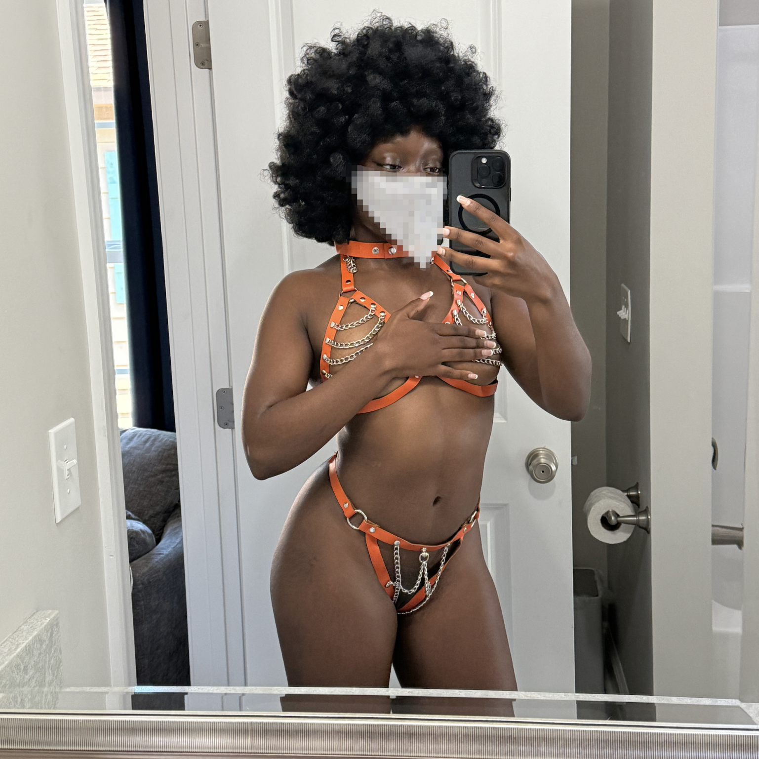My Orange Leather with Chains Bra and Panty Lingerie Set