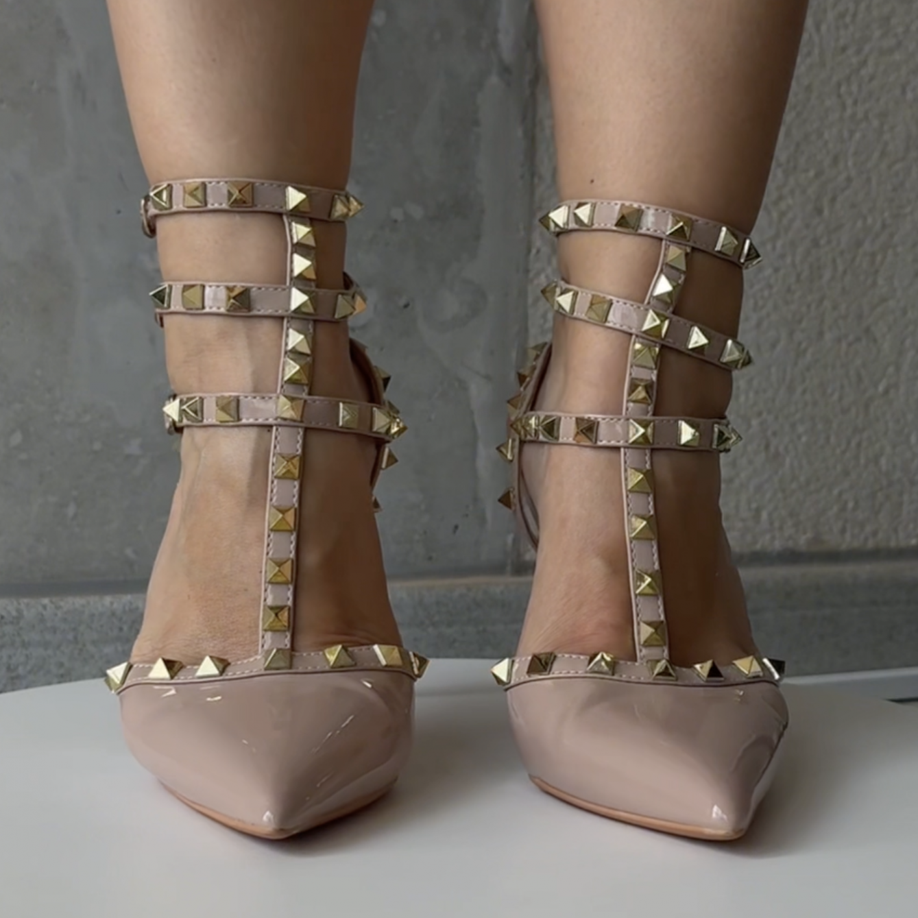 Nude Patent Heels with Straps and Studs