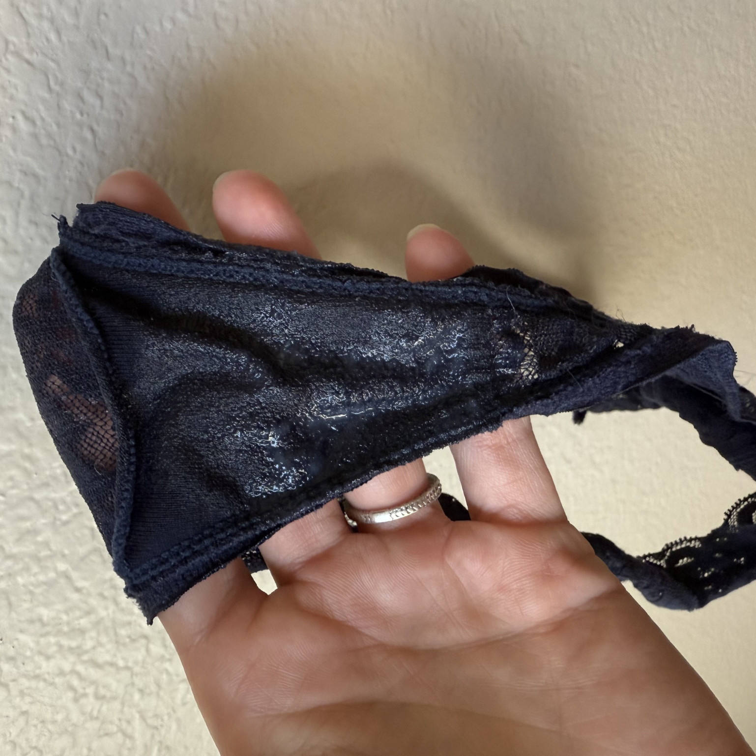 Black Lace Well Worn Then Thong Soaked in my Creamy Cum