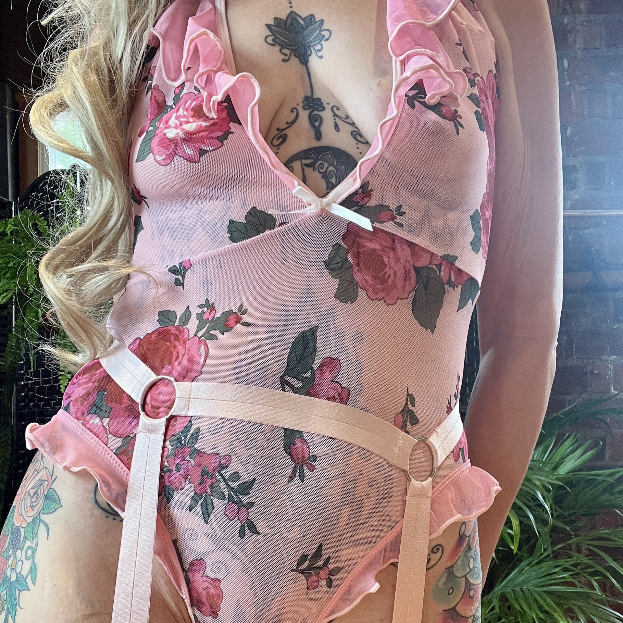 Darling Pink Floral Bodysuit with Belt and Thigh Highs