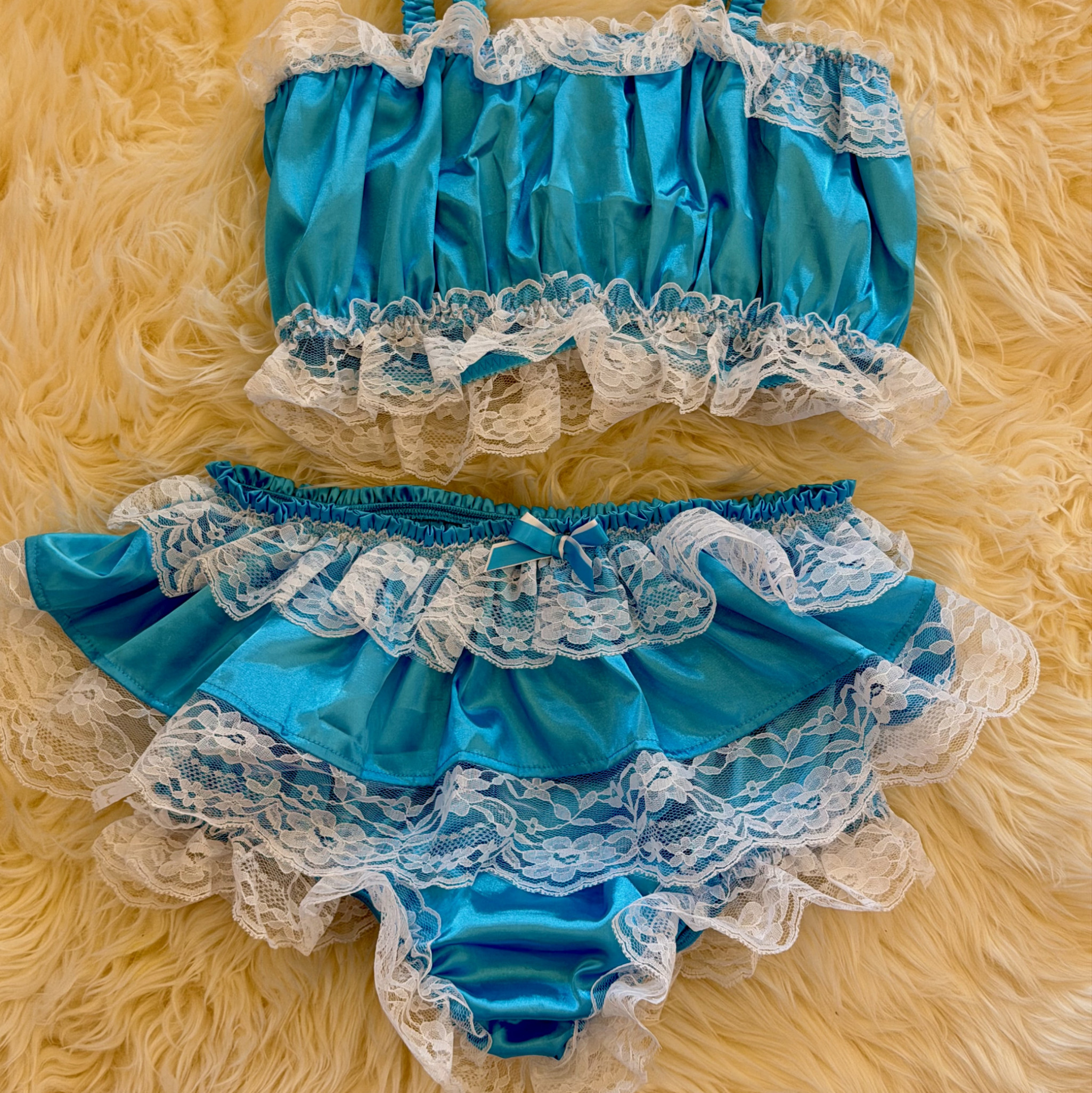 Blue Satin and White Lace Panty and Top Set Frilly Feminine