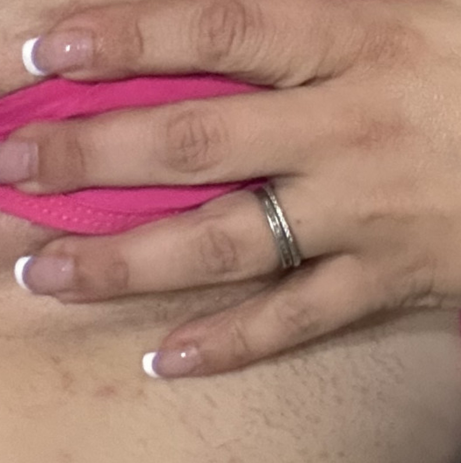 4 pics of my laying in bed with a pink g string