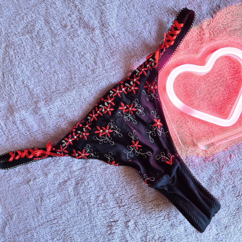 Tiny Black Floral G String Thong