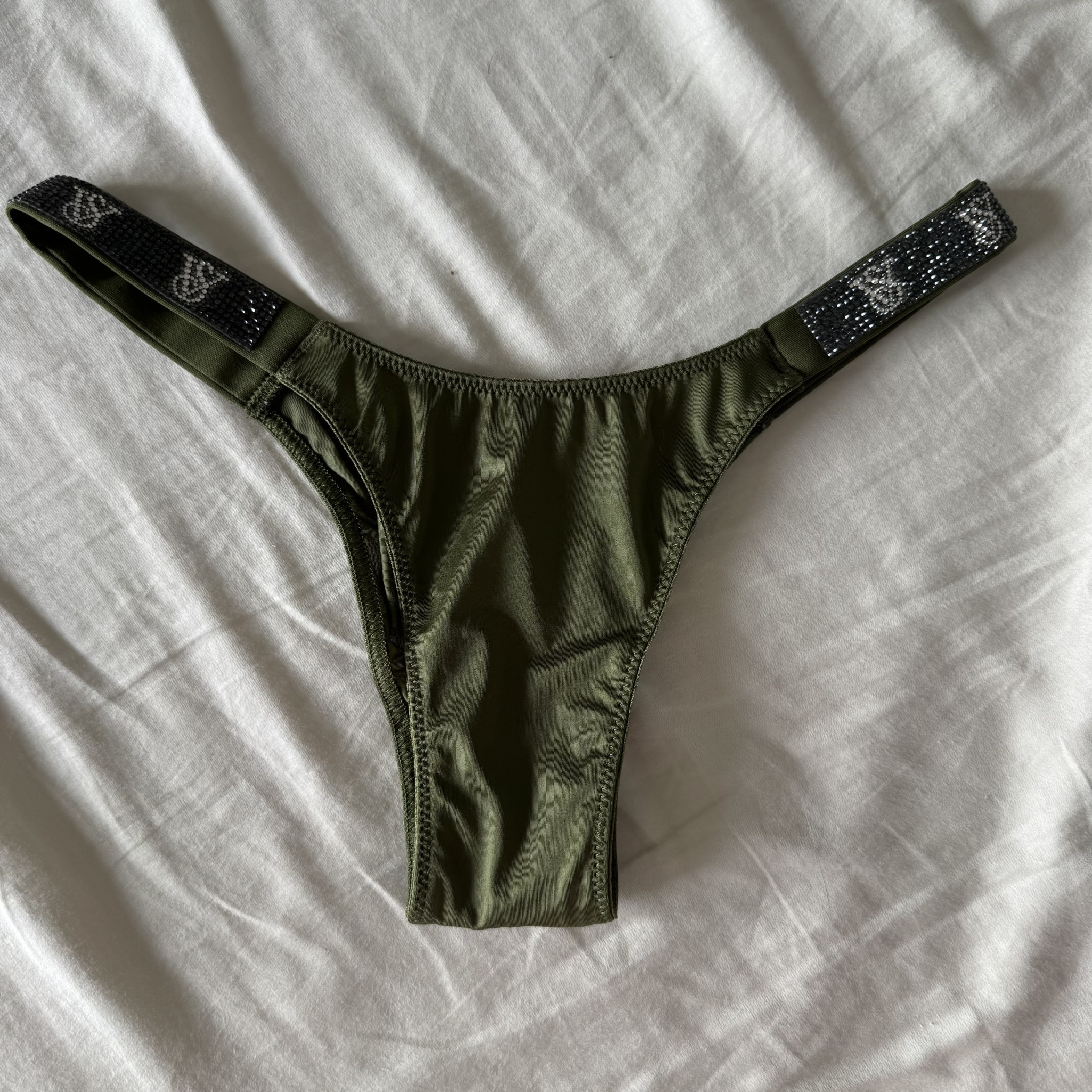Olive Green Satin Bling Strap Brazilian Panty