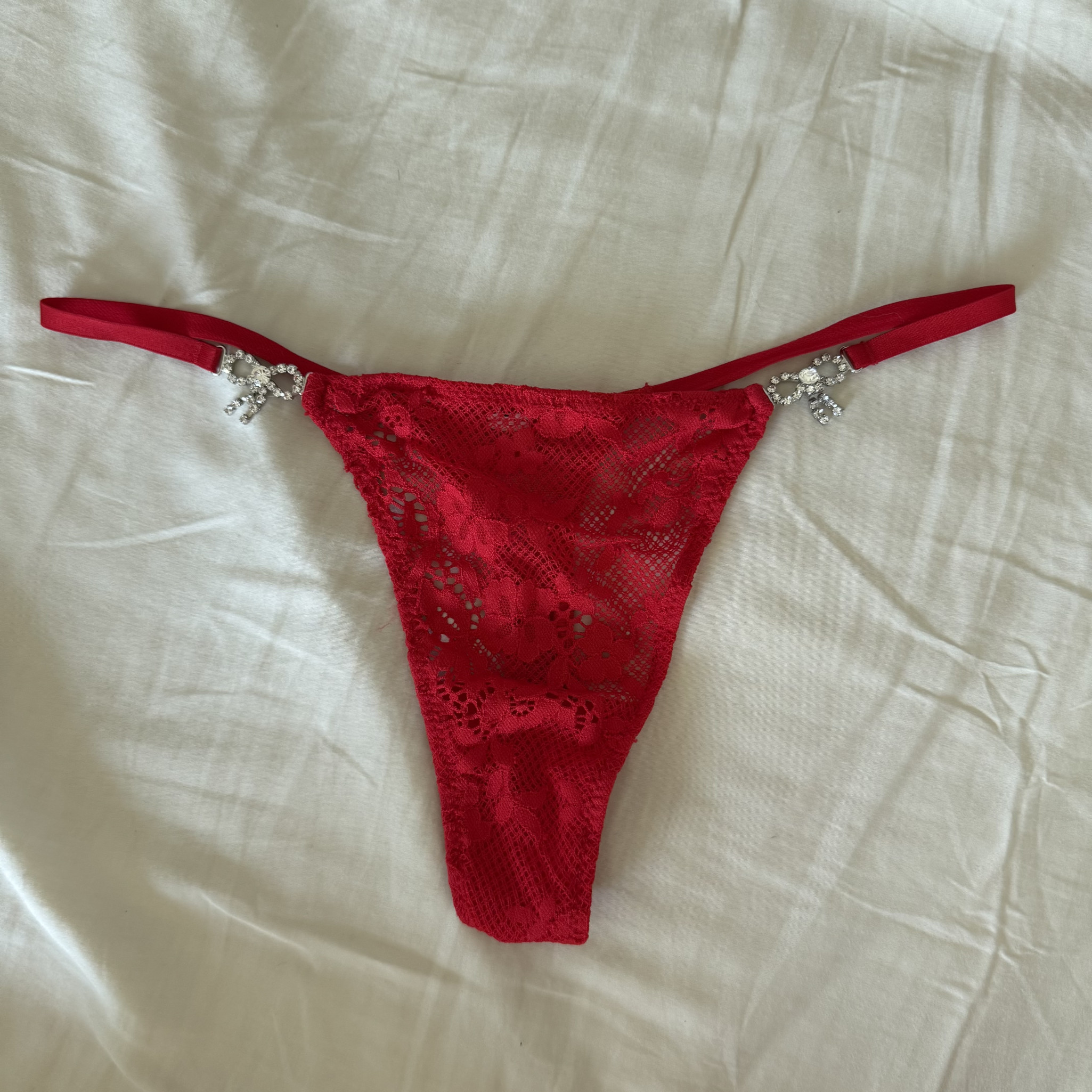 Red Bejeweled Bows Lace String Thong