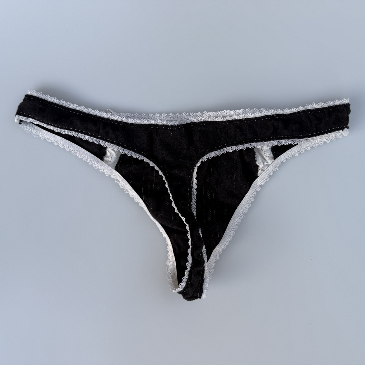 Black Cotton Thong with White Lace