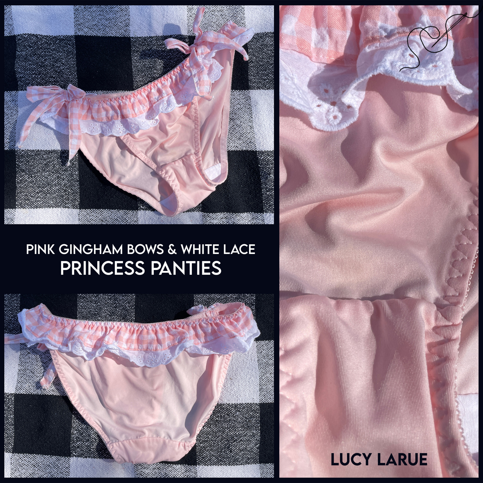 Pink Gingham Bows and White Lace Princess Panties