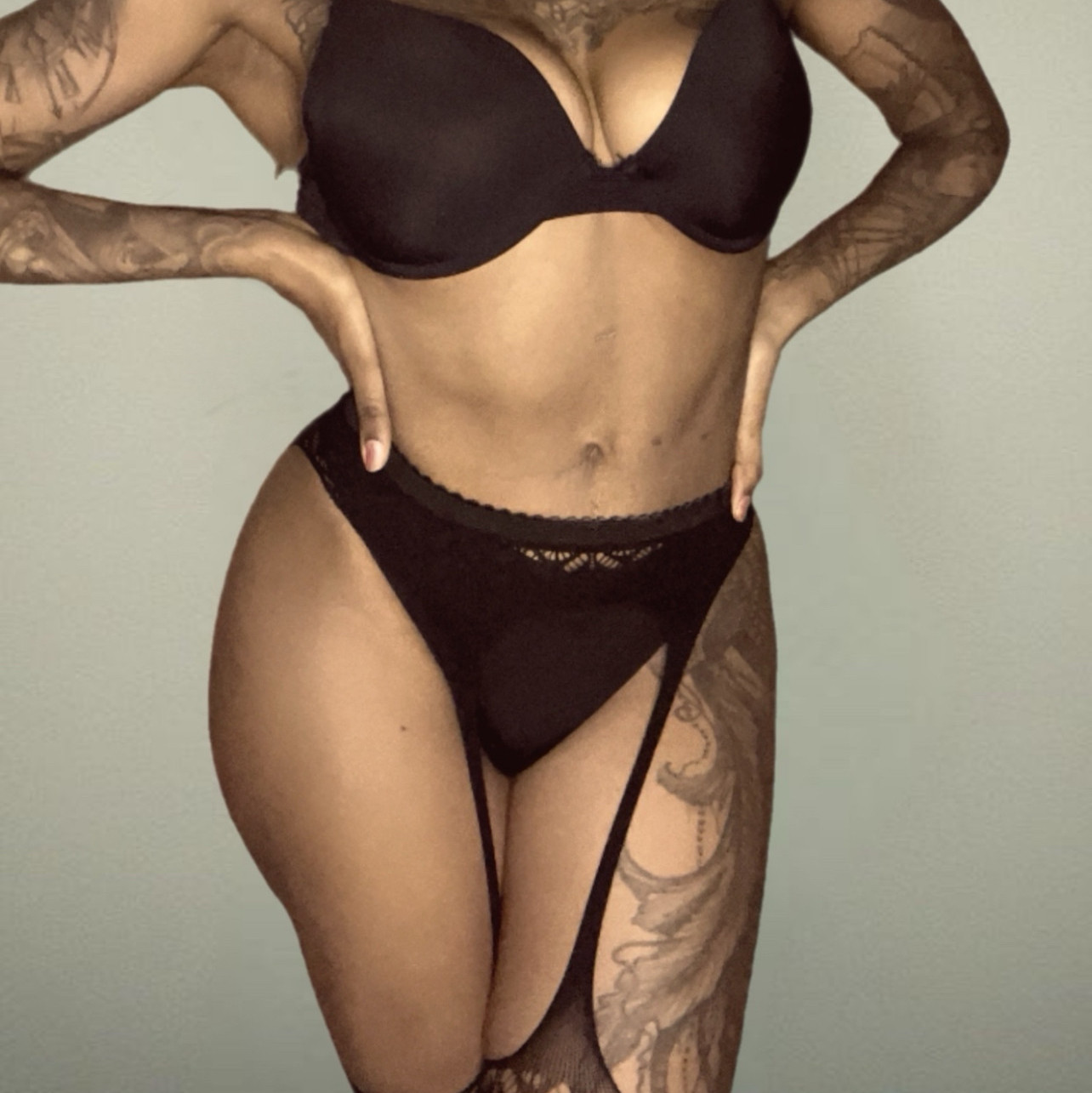 Black Bra  Panty Set  with fishnet stockings