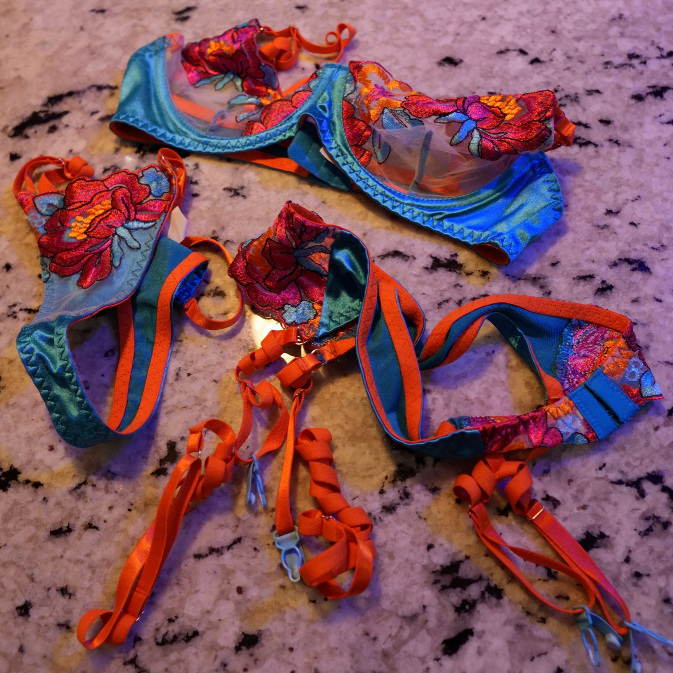 Saphira Noirs Aqua Bra and Panty set with Garter Belt