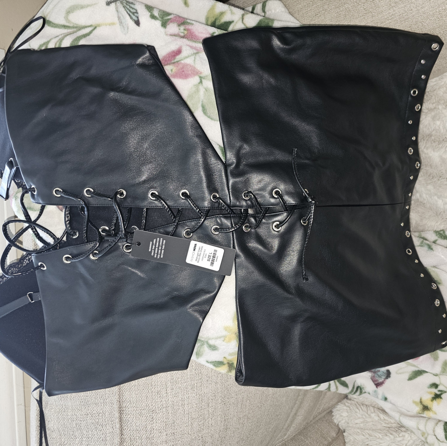 Black leather and lace corset style minidress NWT