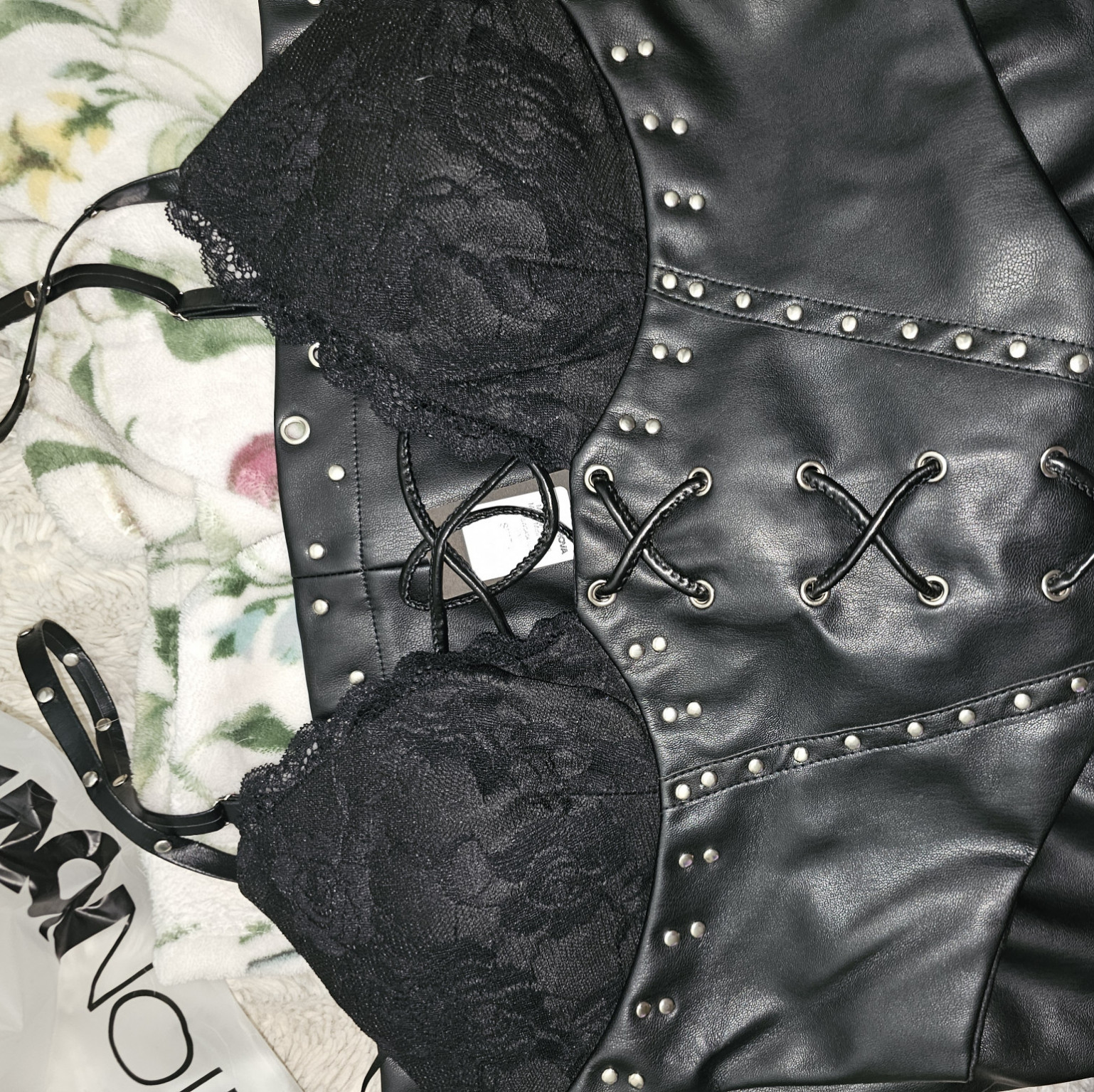 Black leather and lace corset style minidress NWT