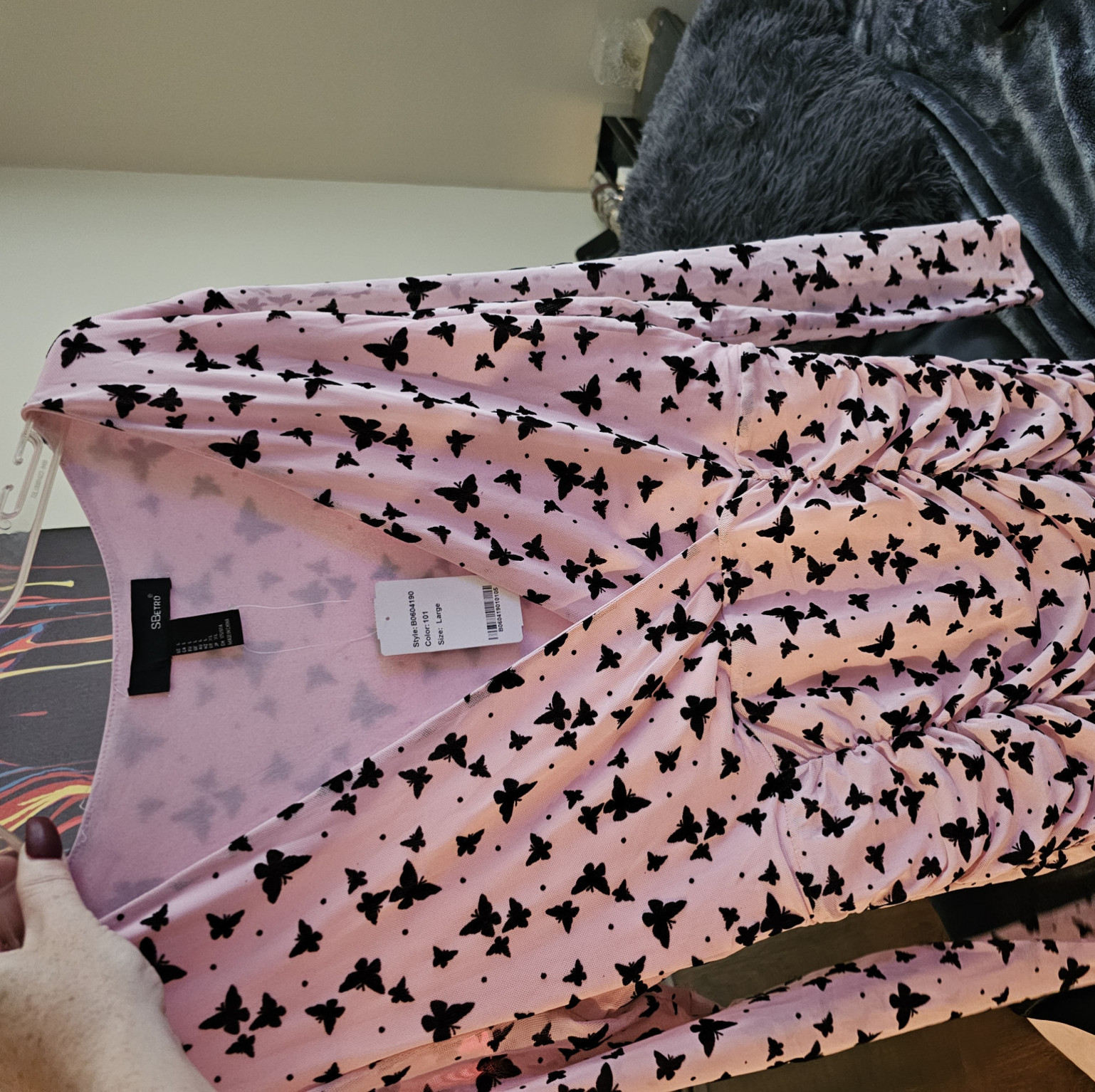 NWT Sheer Sleeve Pink Low Cut Butterfly Dress