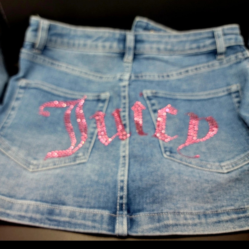Juicy couture logo denim mini skirt with pink rhinestones