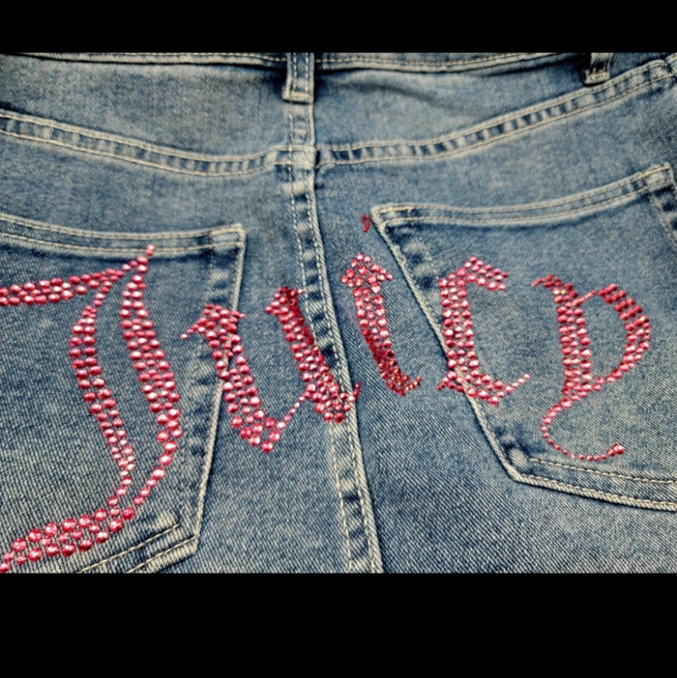 Juicy couture logo denim mini skirt with pink rhinestones
