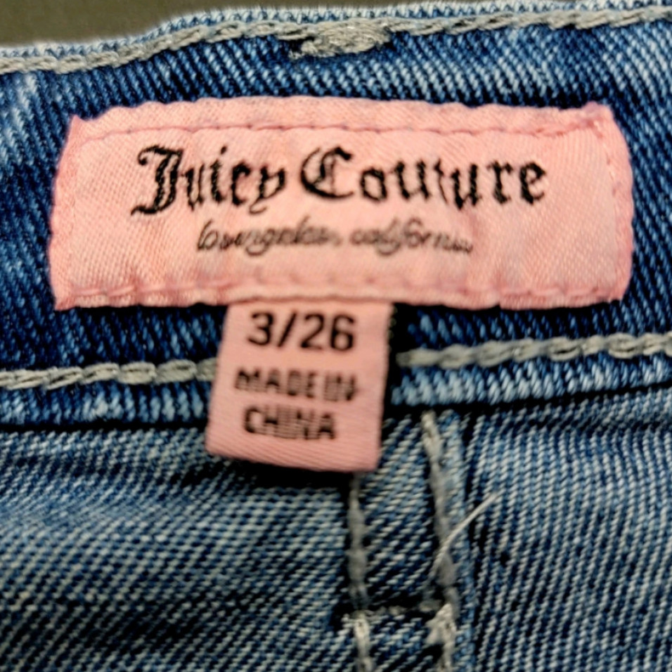 Juicy couture logo denim mini skirt with pink rhinestones