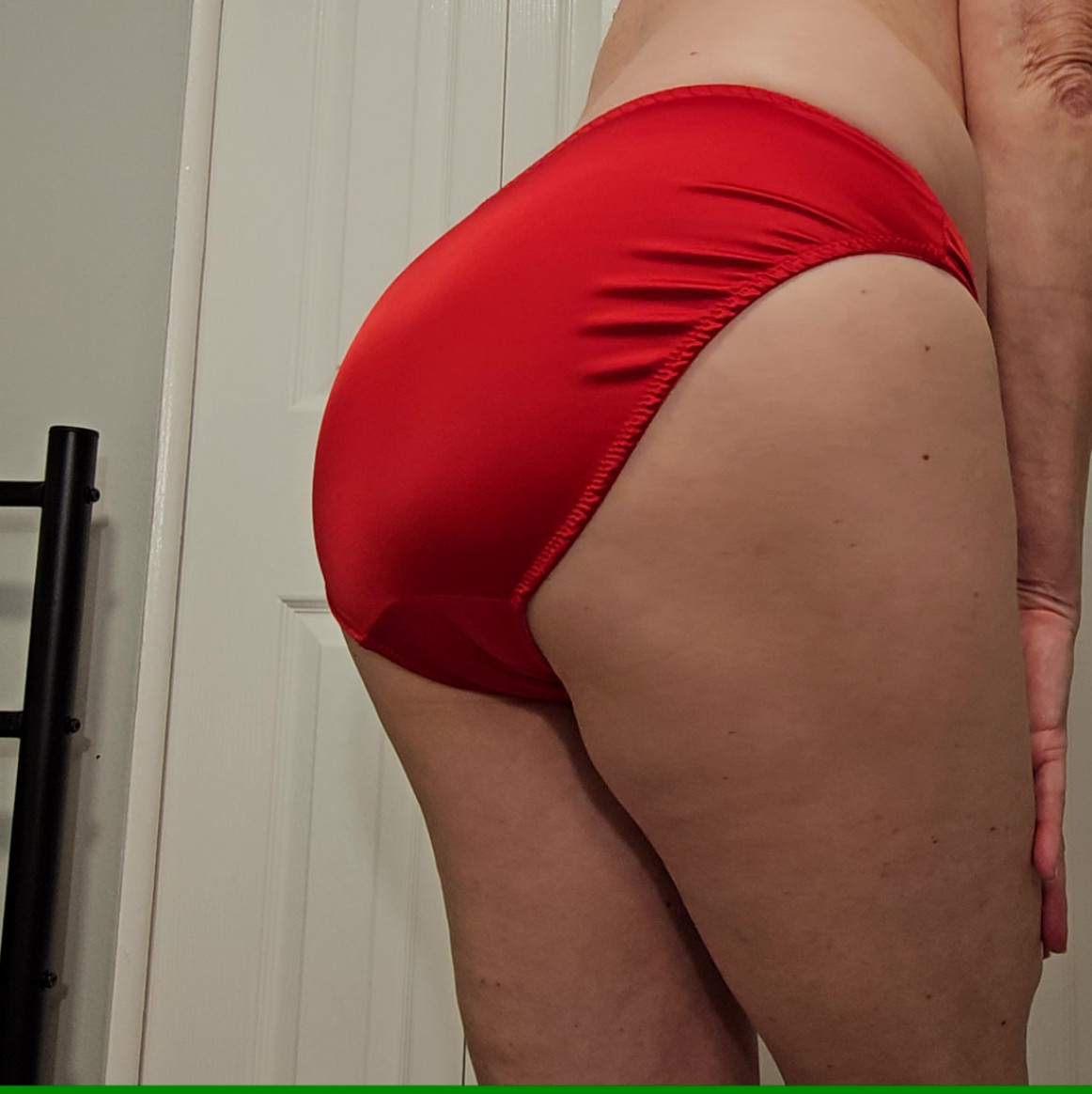 Red shiny satin panties worn full day before sending