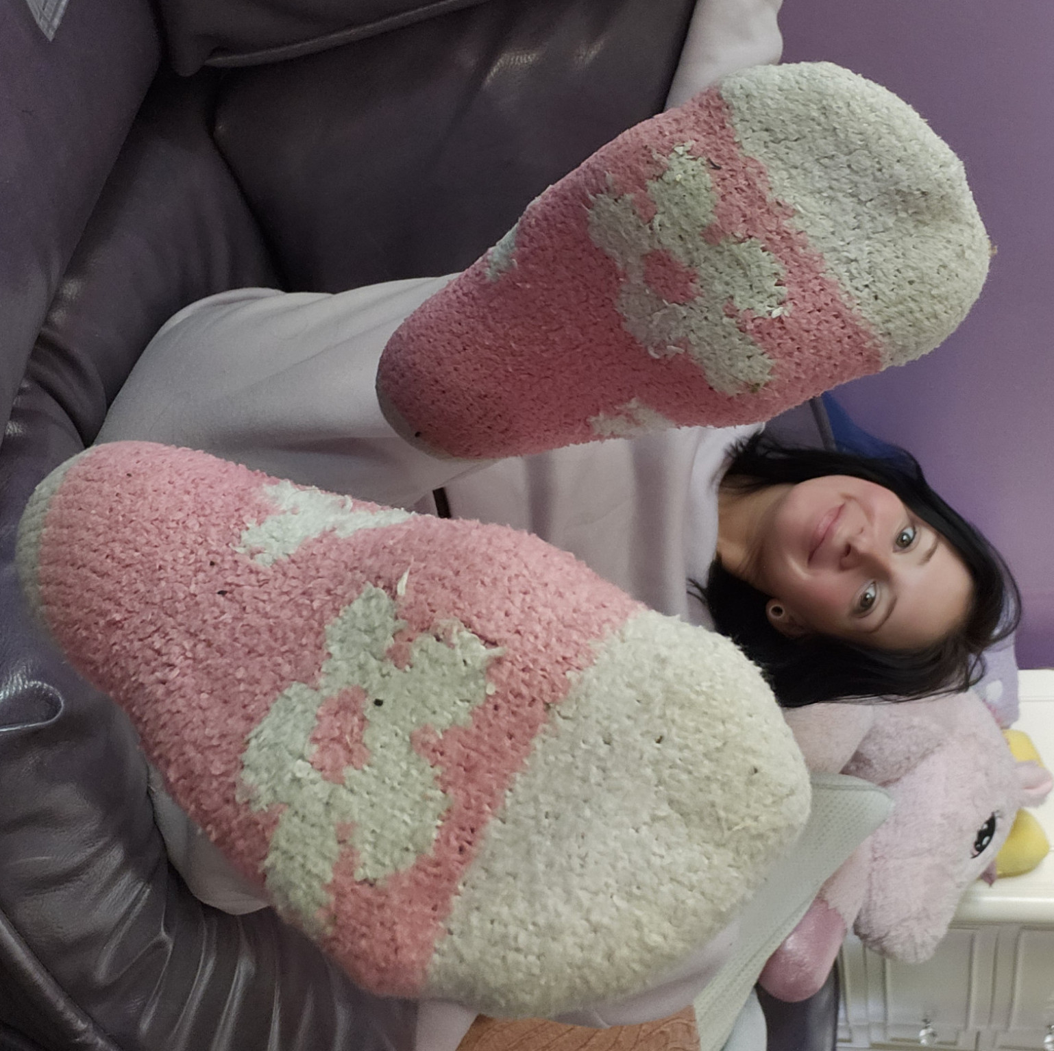 Natalies Fuzzy Pink Flower Socks