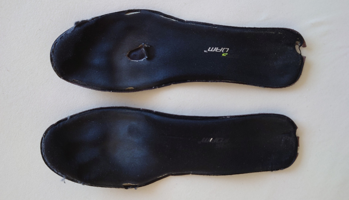 Worn insoles of work shoes