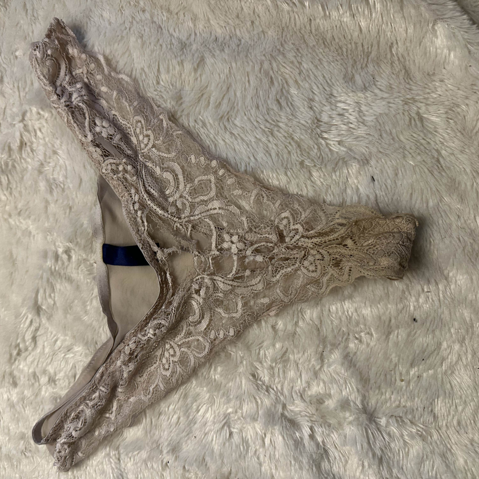 Worn and torn smelly lacy sheer panties