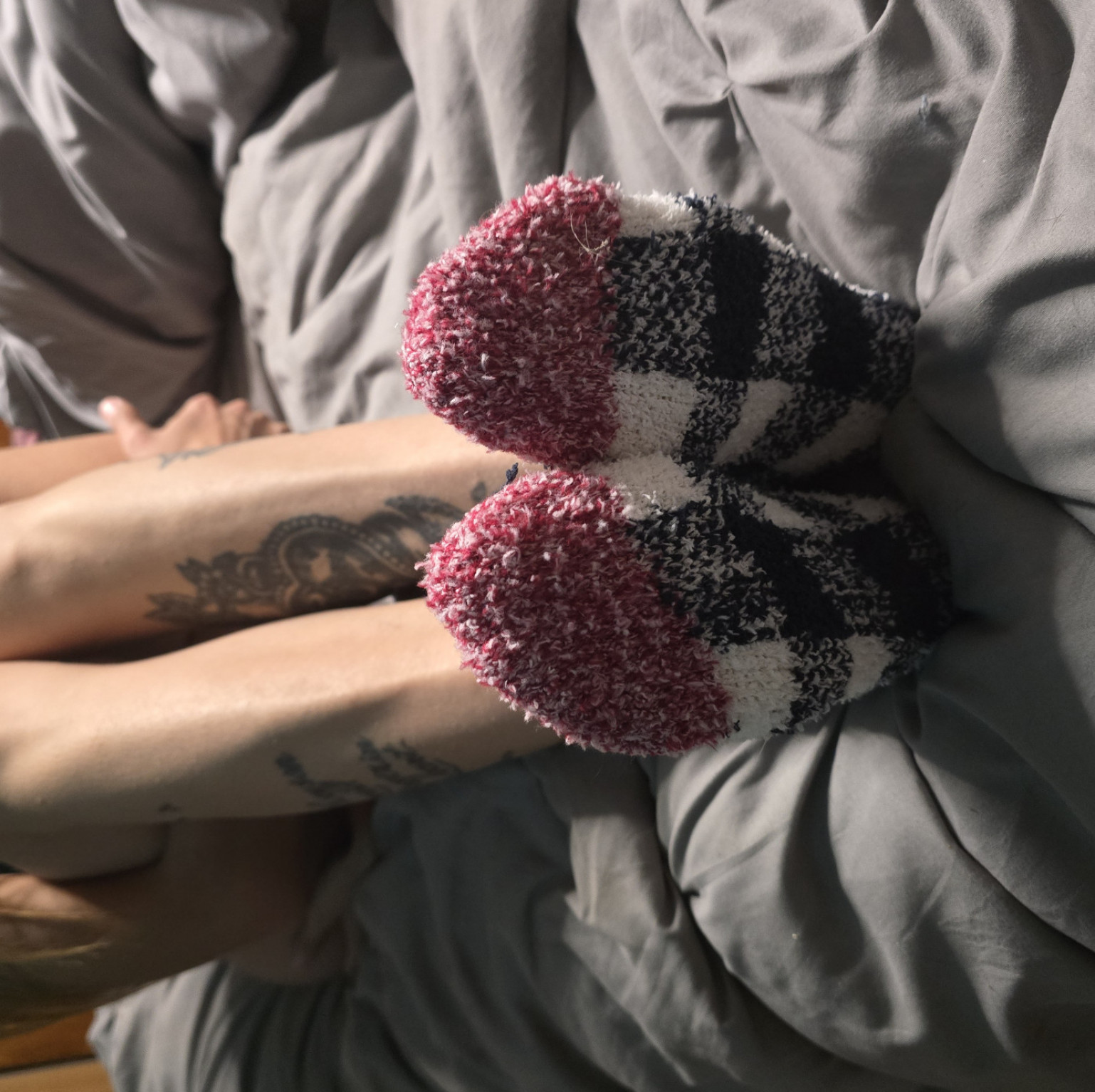 Fuzzy checkered ankle socks