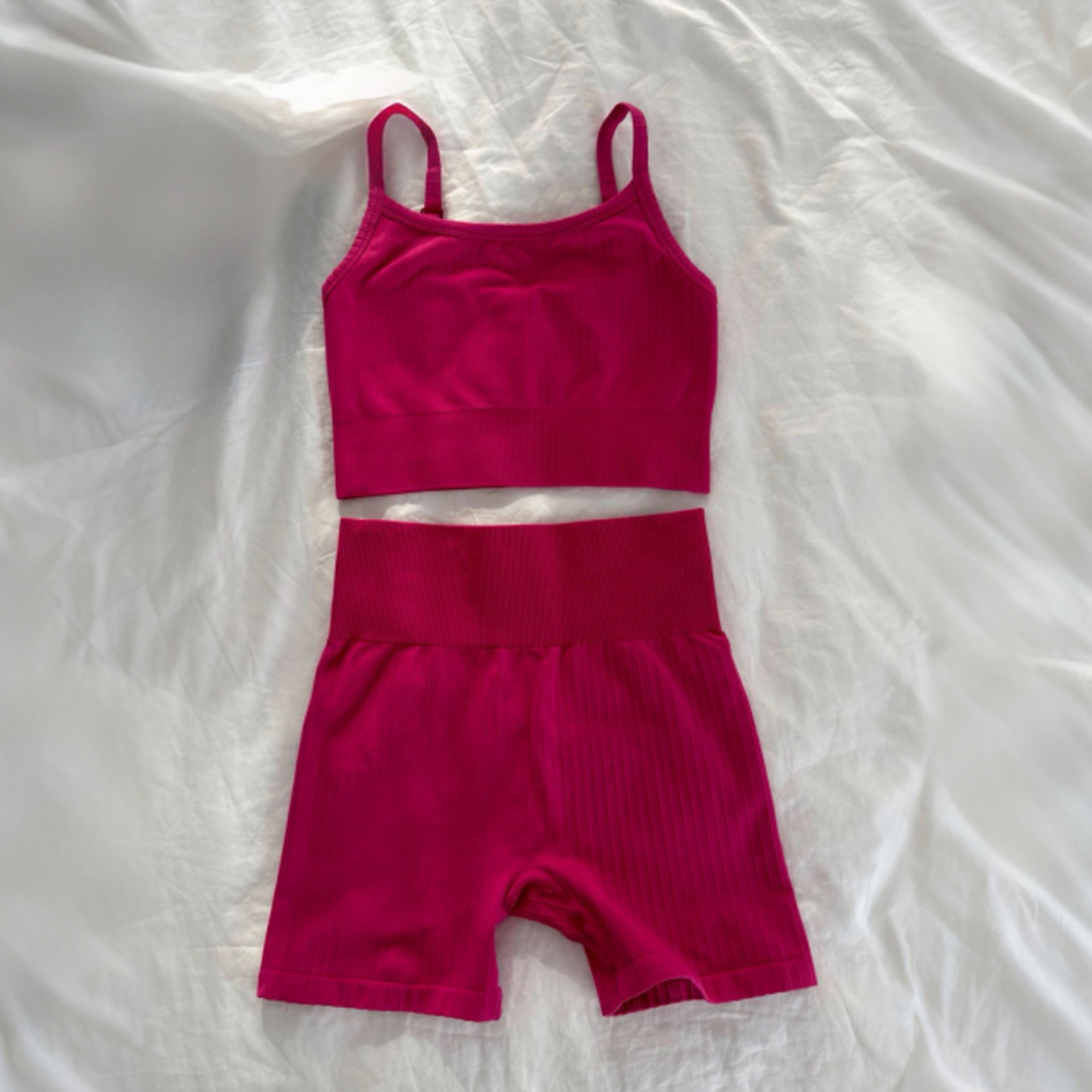 Pink Ribbed Sports Set Crop Top Shorts