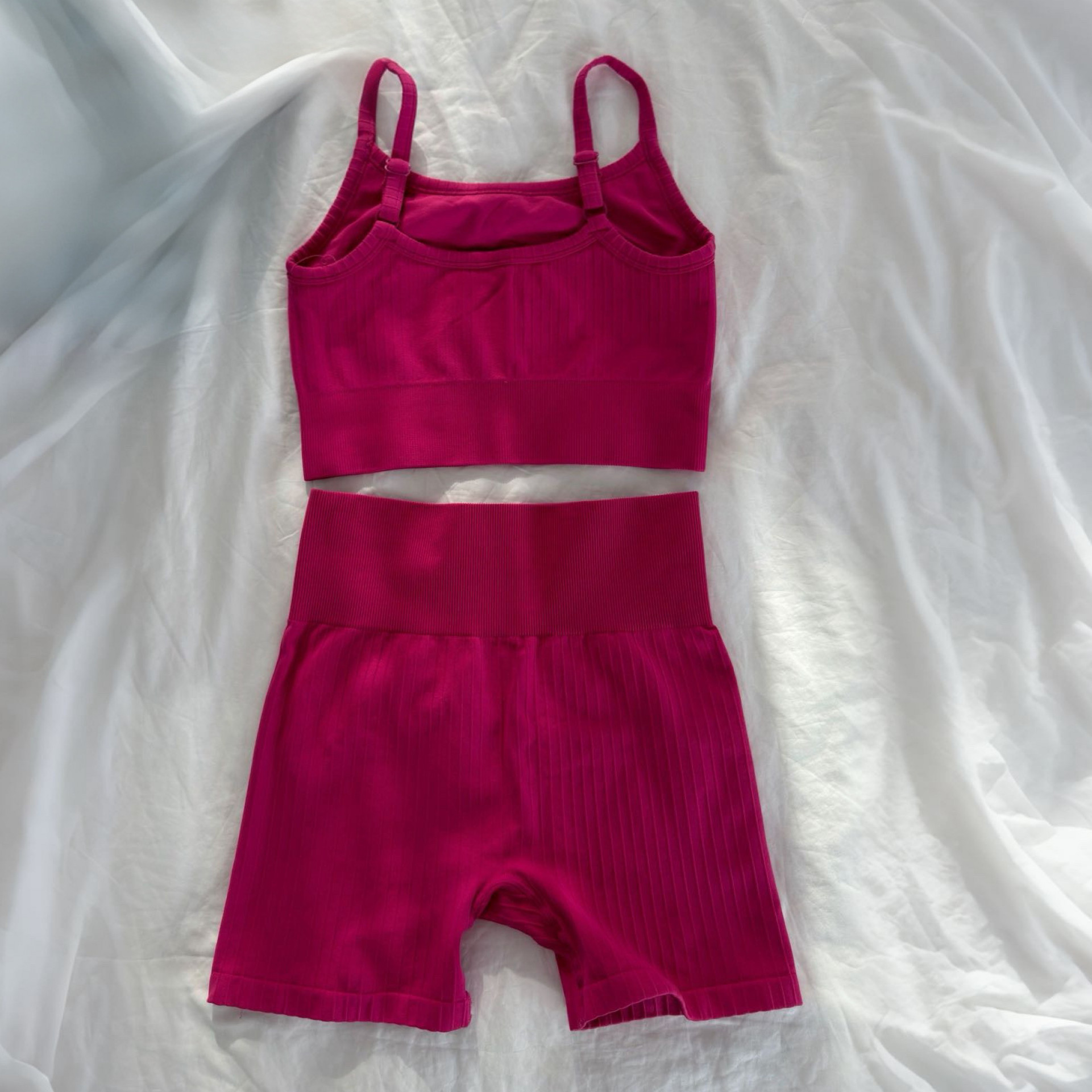 Pink Ribbed Sports Set Crop Top Shorts