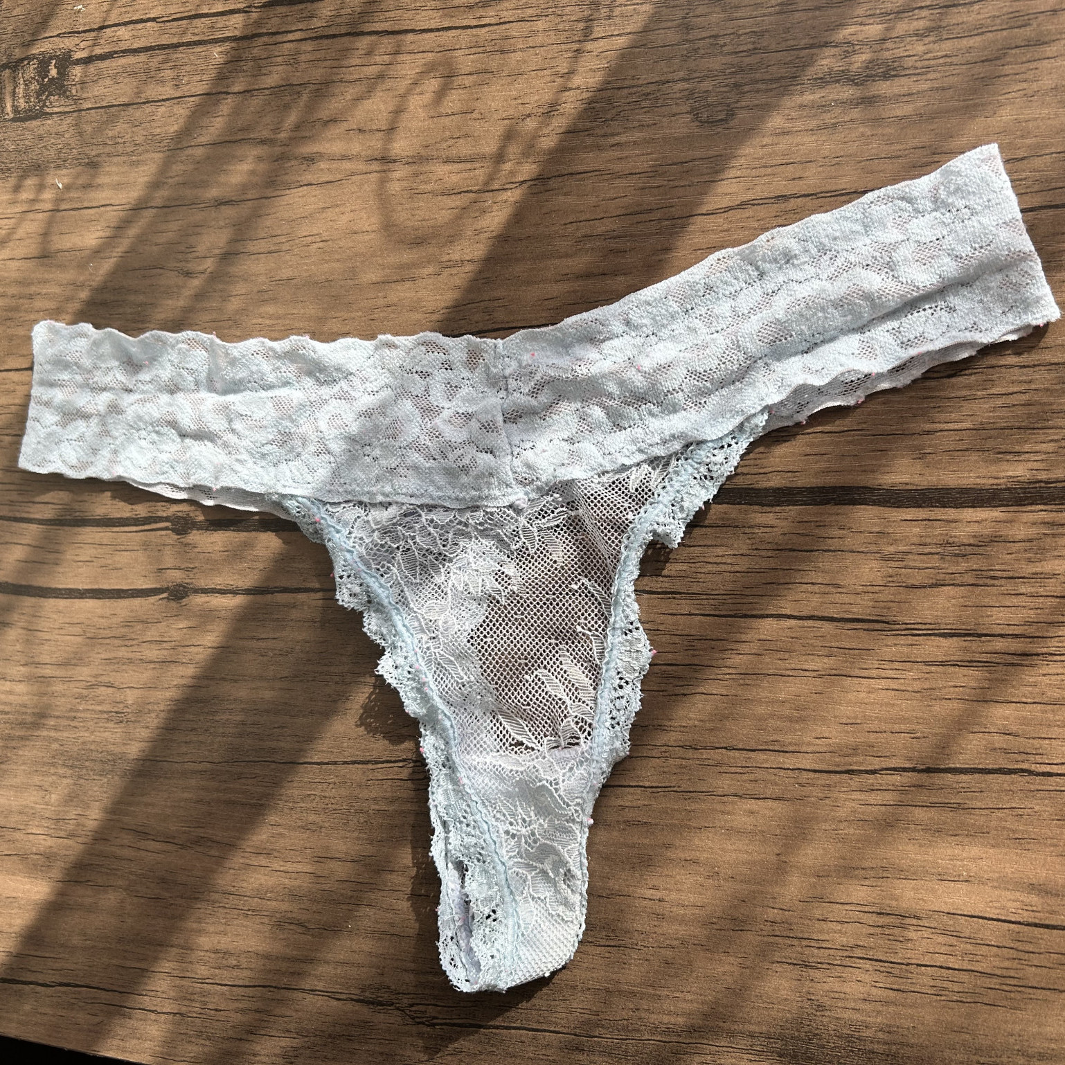USED Worn Milk Blue Lace Thong Mesh Panties