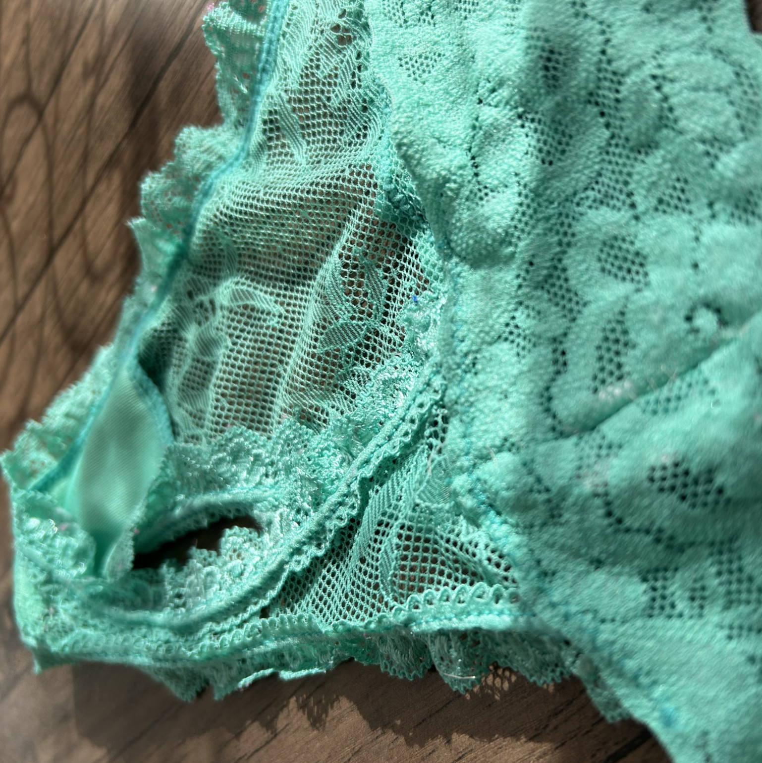 USED Worn Turquoise Lace Mesh Thong Panties