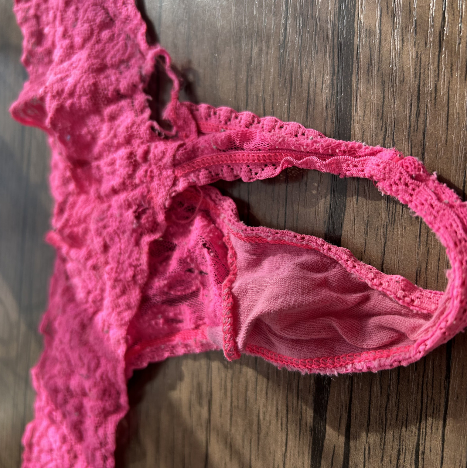 USED Very Worn Pink Lace Stretched Out Wedgie Thong