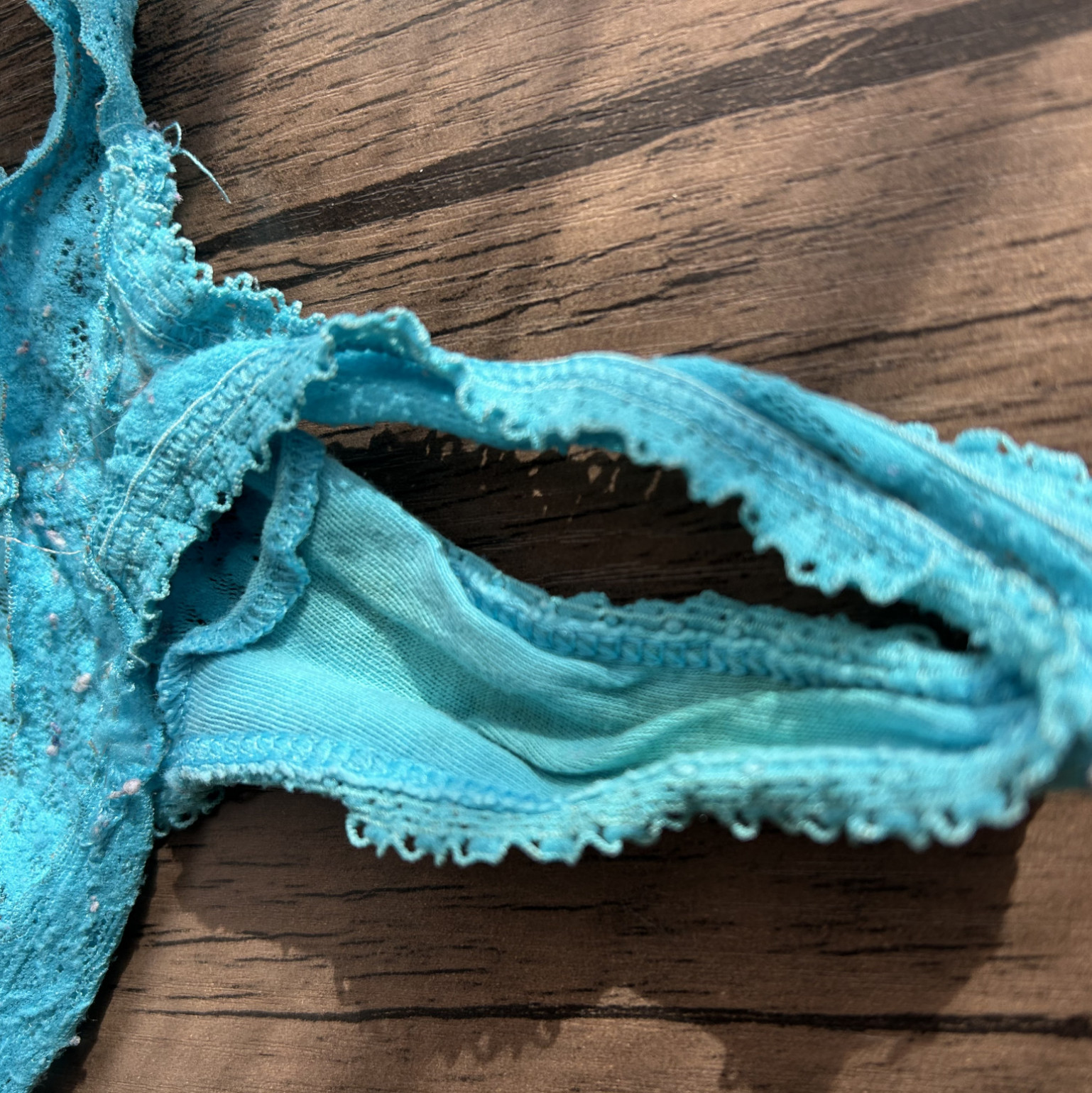 USED Worn Blue Lace Thong Stained Panties