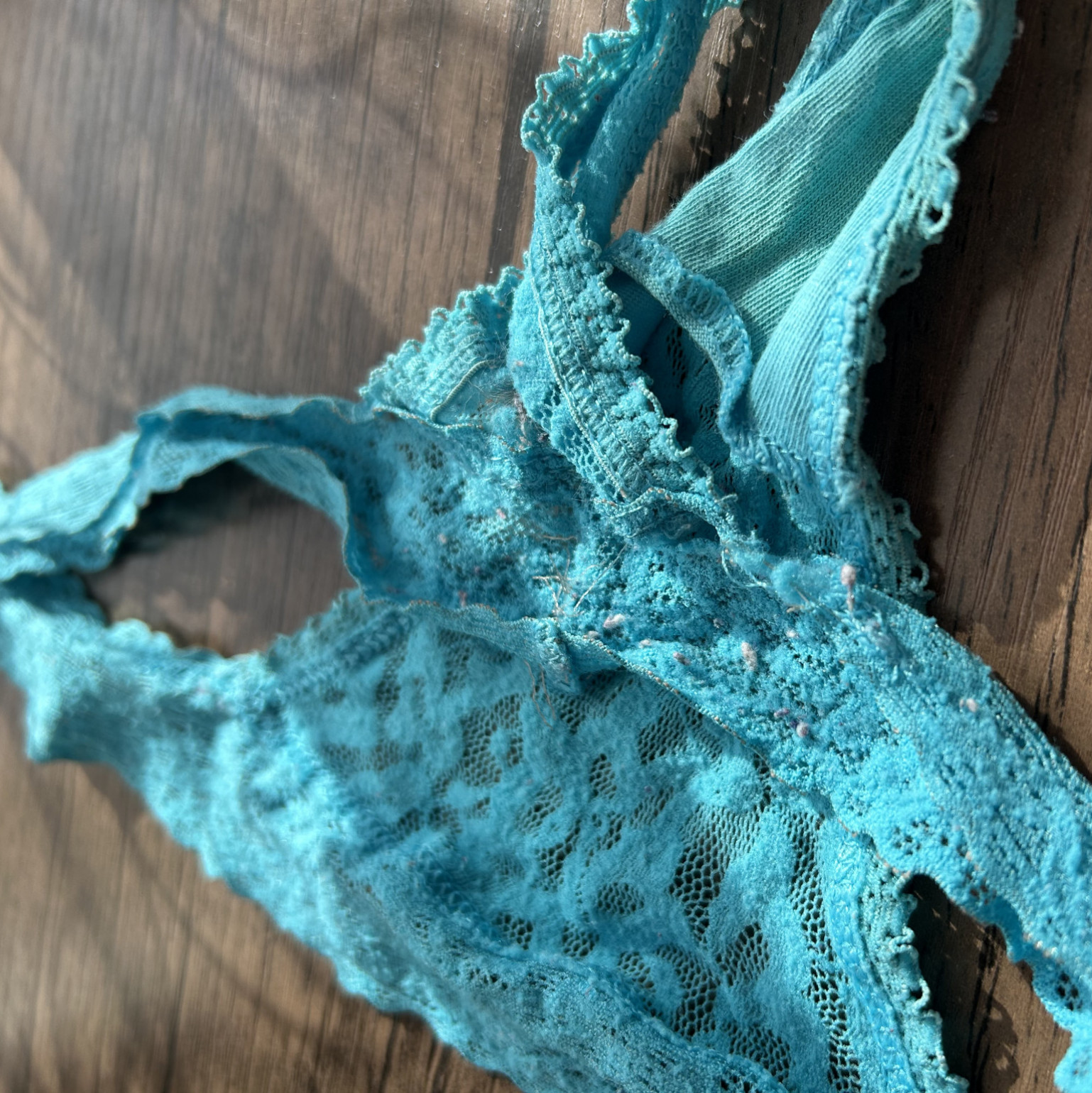 USED Worn Blue Lace Thong Stained Panties