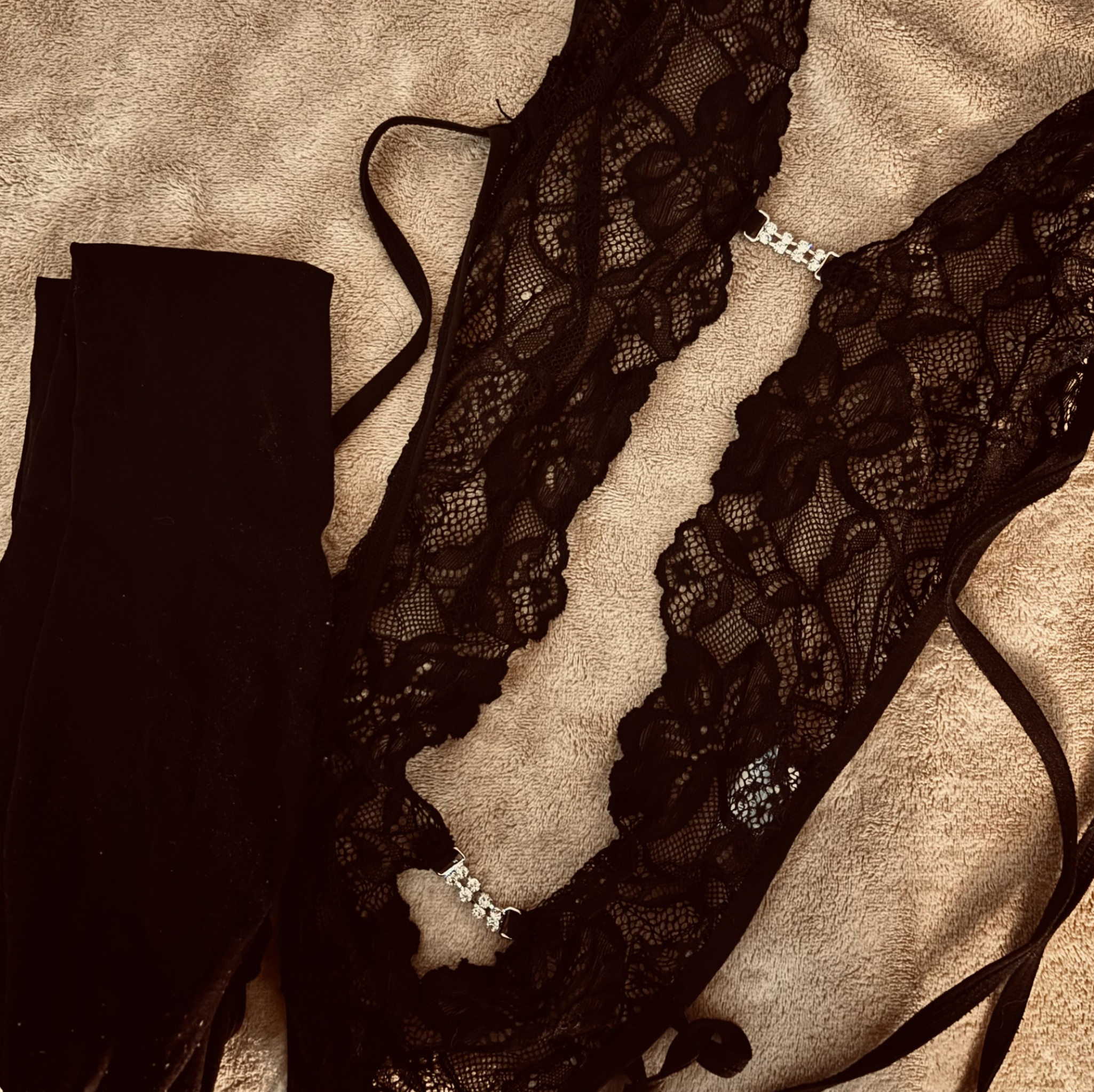 WORN SET: Black Lace Teddy  Thigh Highs from Silent Strip