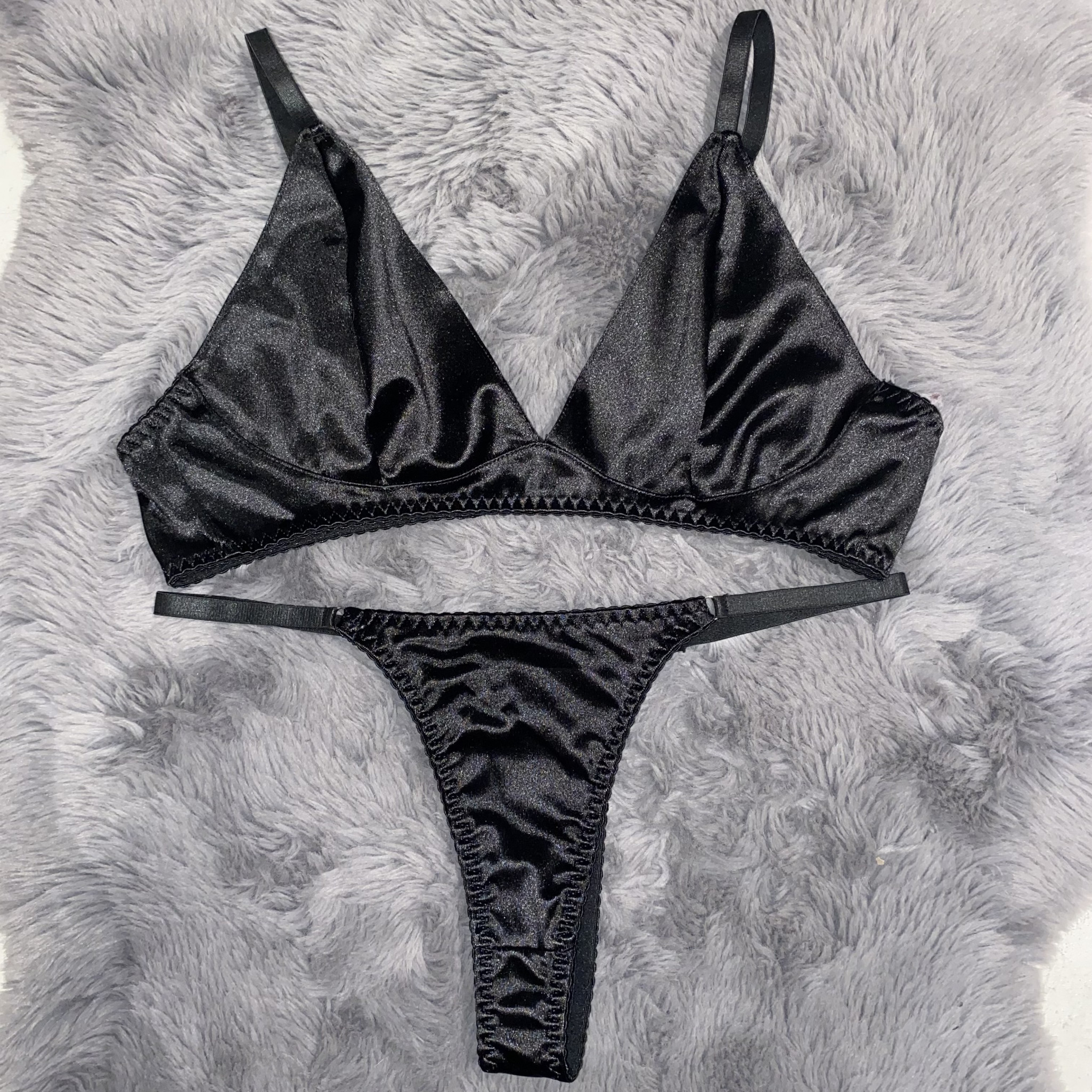 Black Satin Thong Lingerie Set