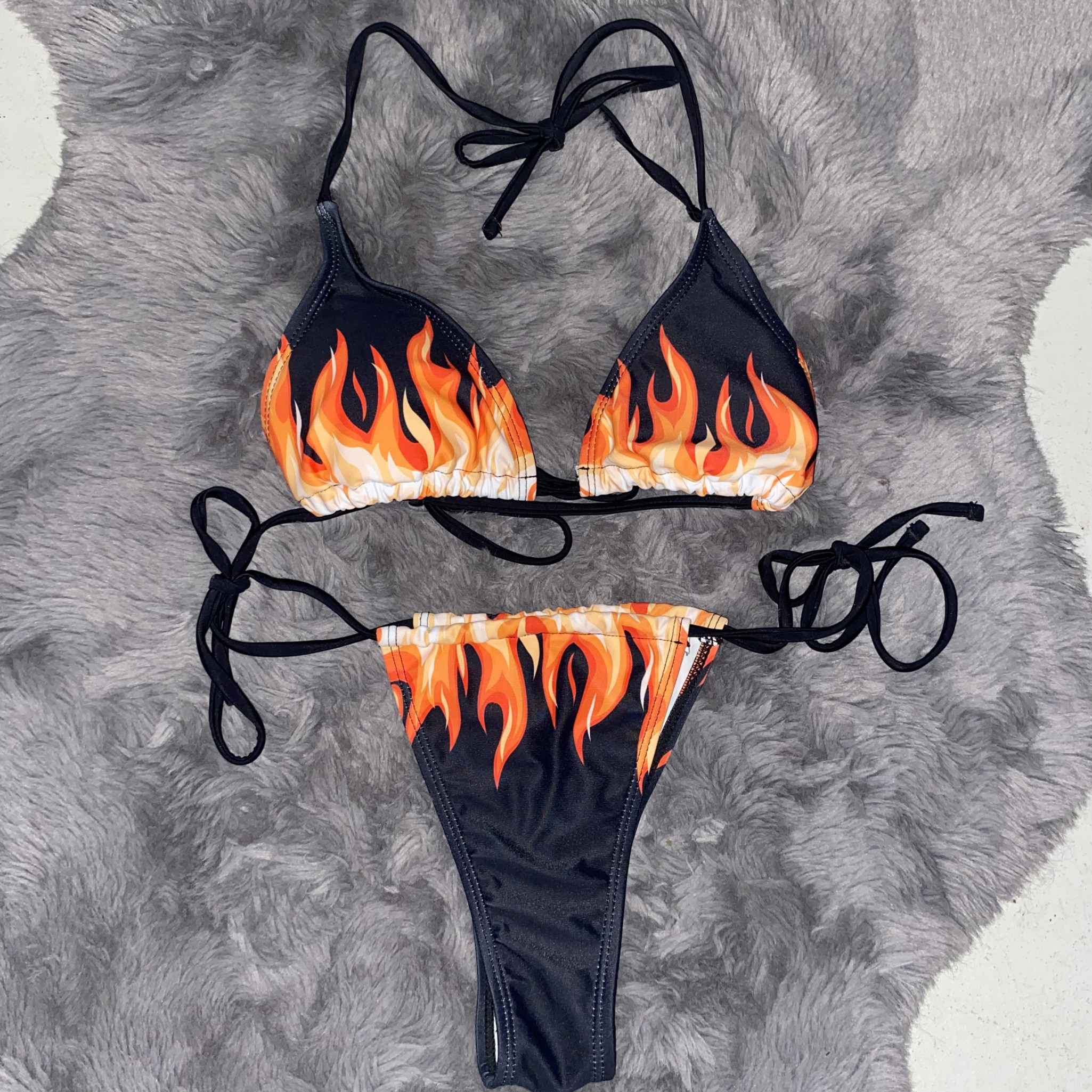 Flame Print Black Bikini Set
