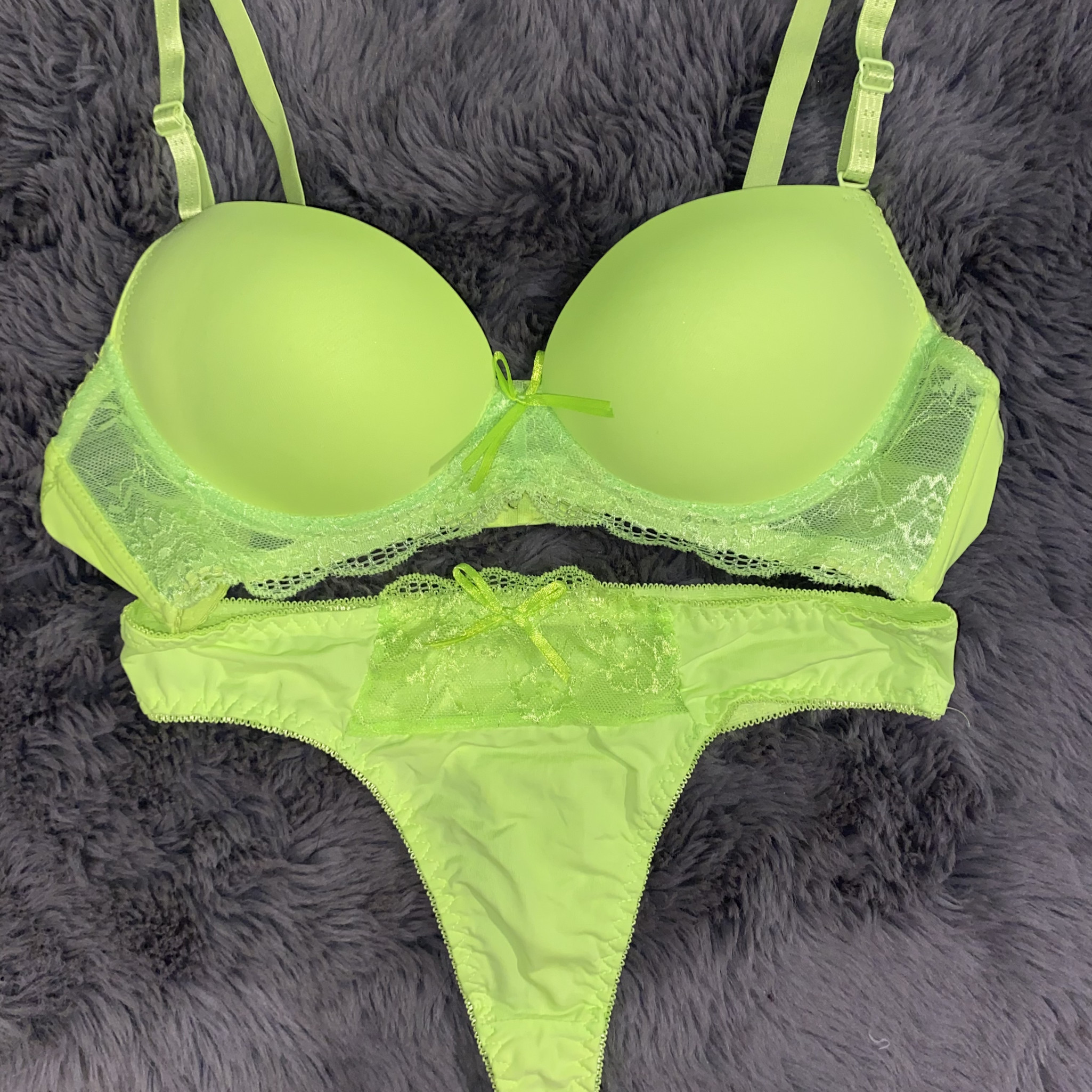 Neon Green Push Up Bra Thong Panty Set