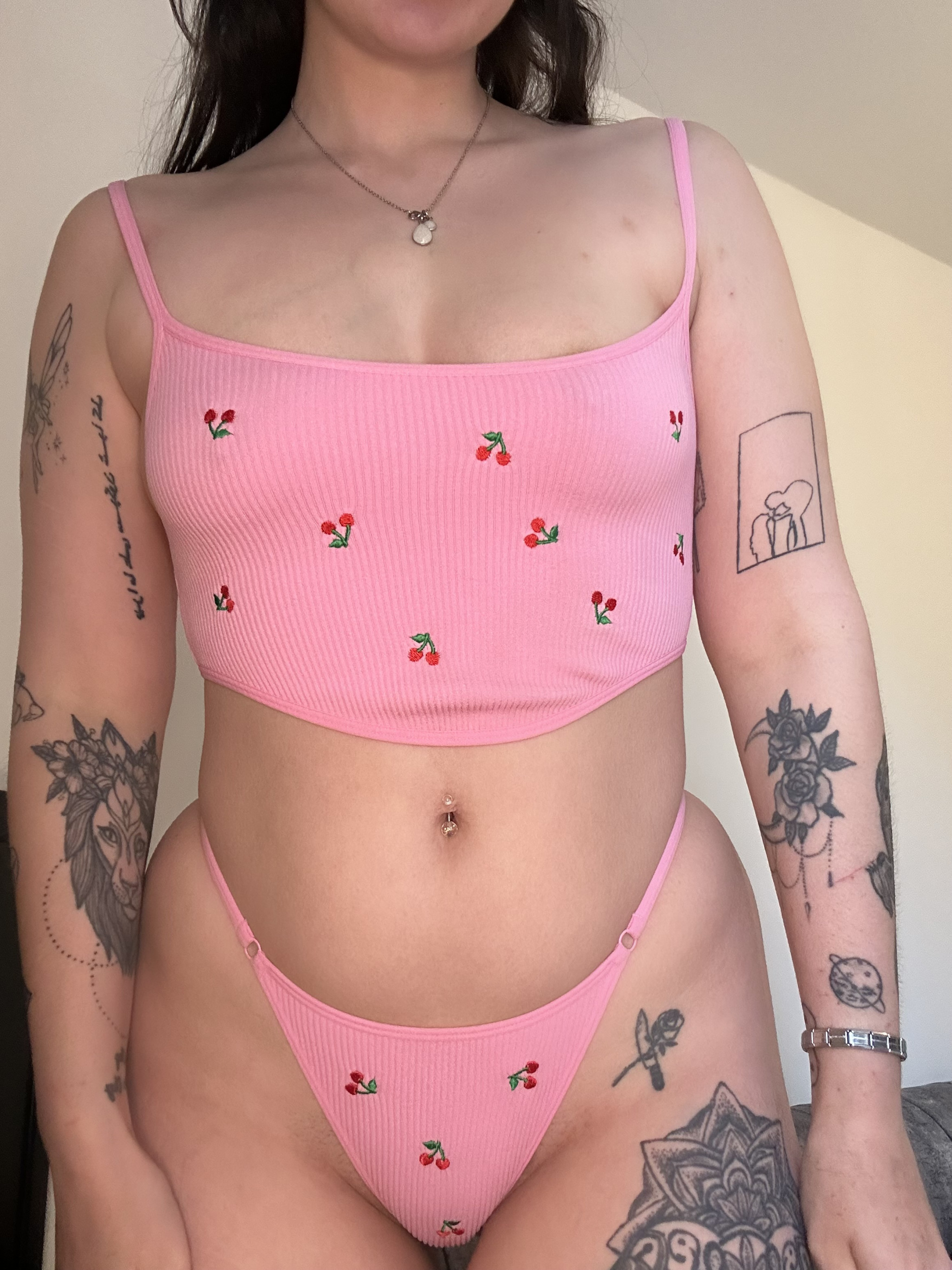 Pink cherry ribbed bra and panty set