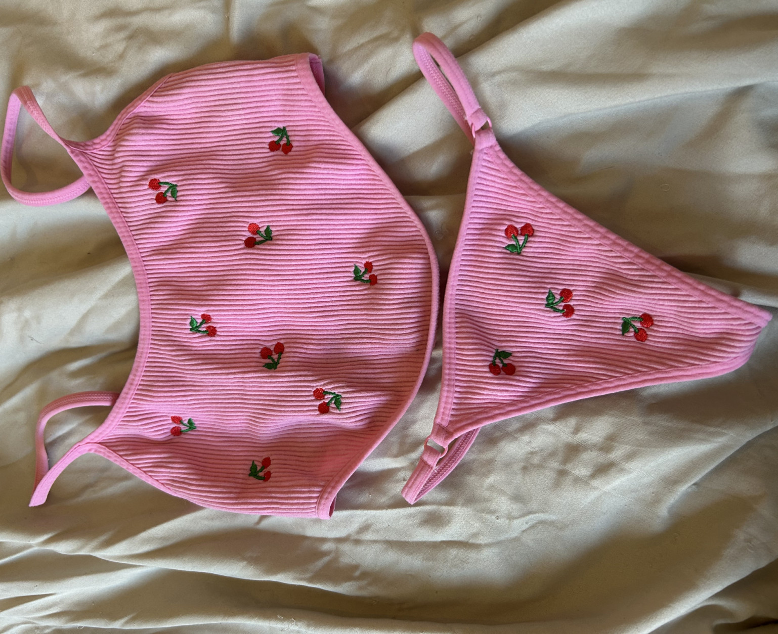 Pink cherry ribbed bra and panty set