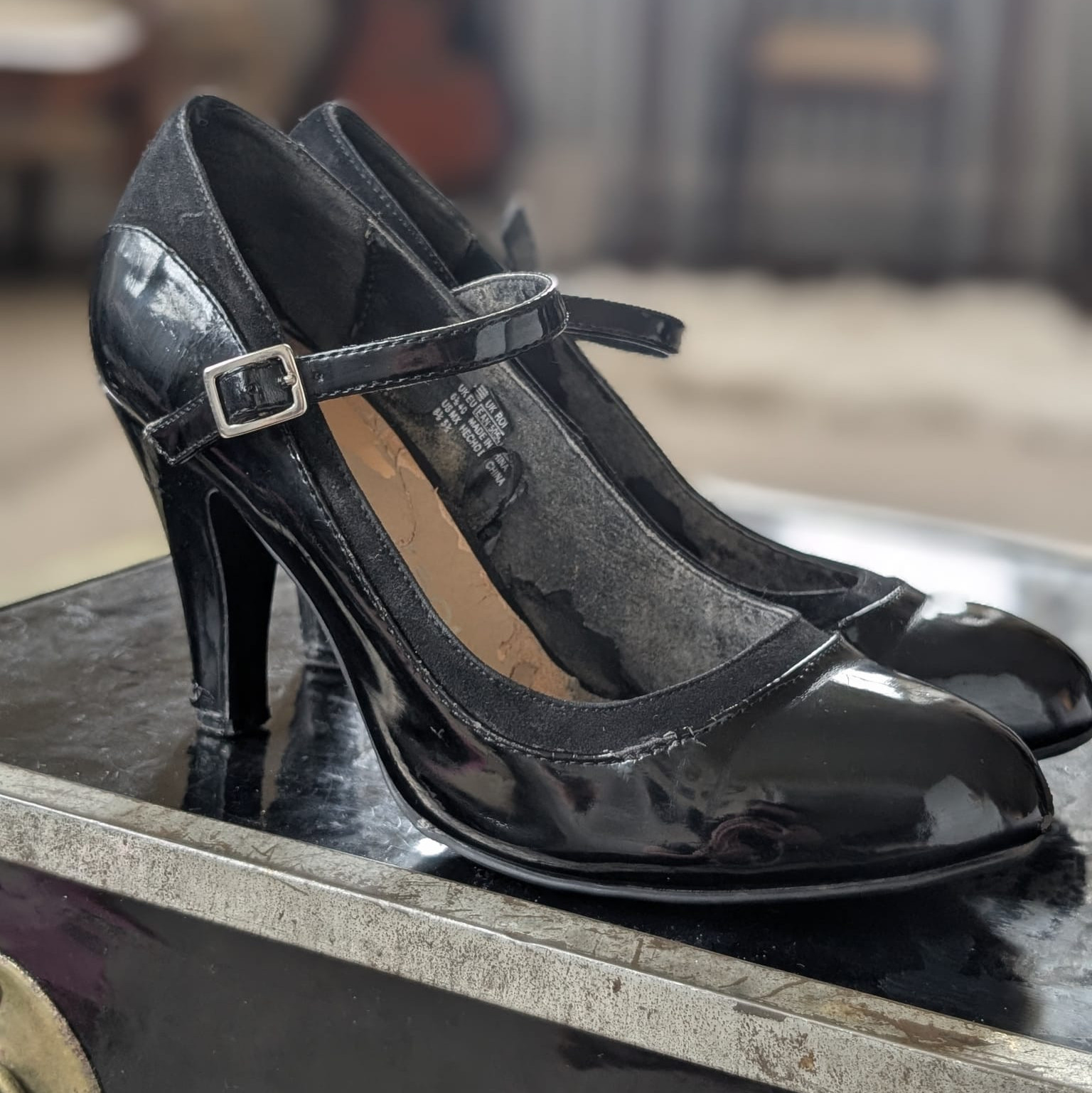 Worn Black Patent Mary Jane Heels Used Fetish Shoes