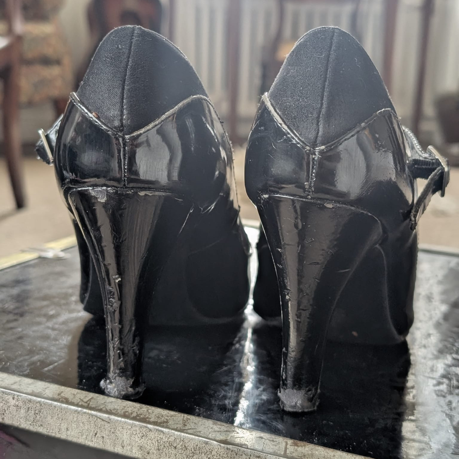 Worn Black Patent Mary Jane Heels Used Fetish Shoes