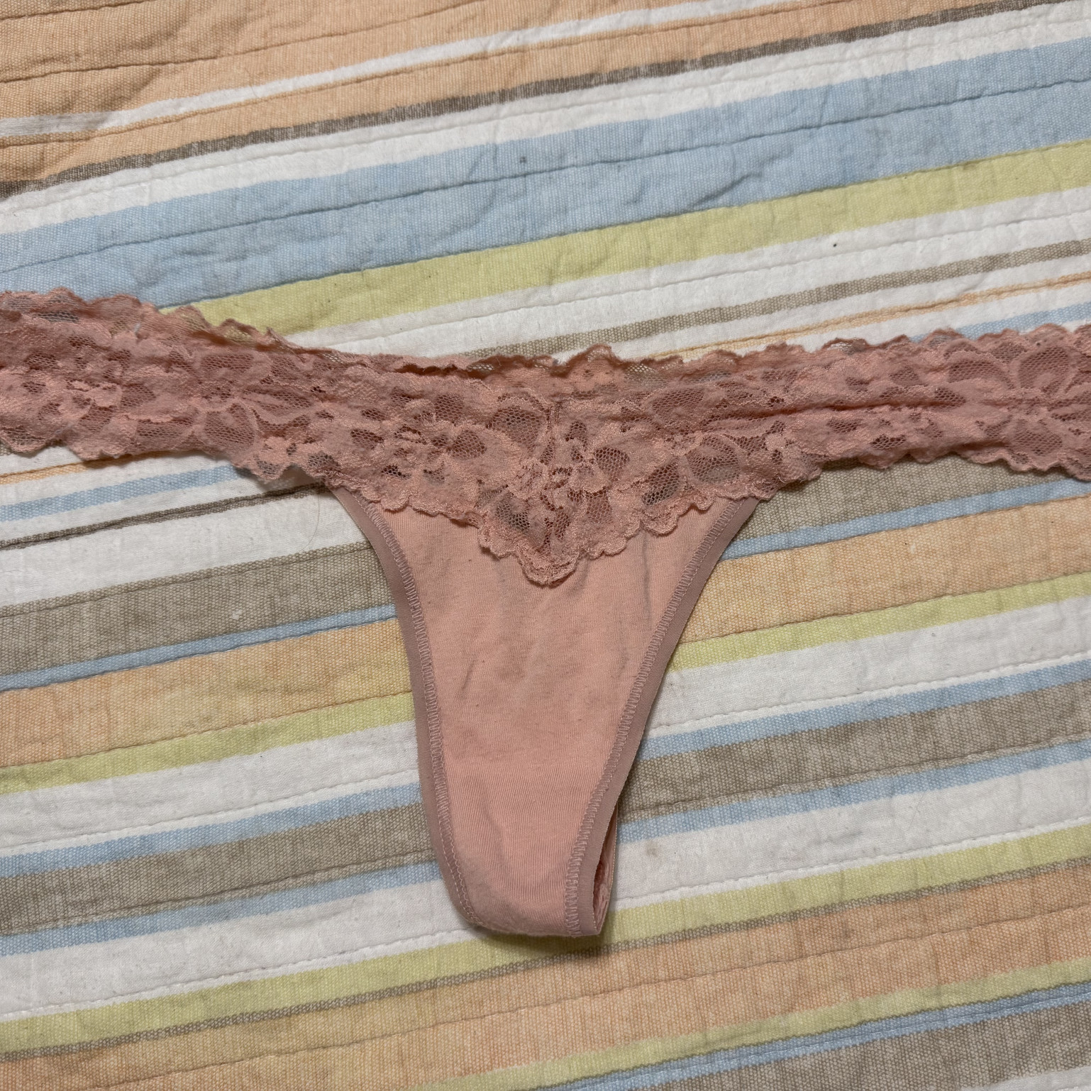 Tan cotton thong with lace waistband