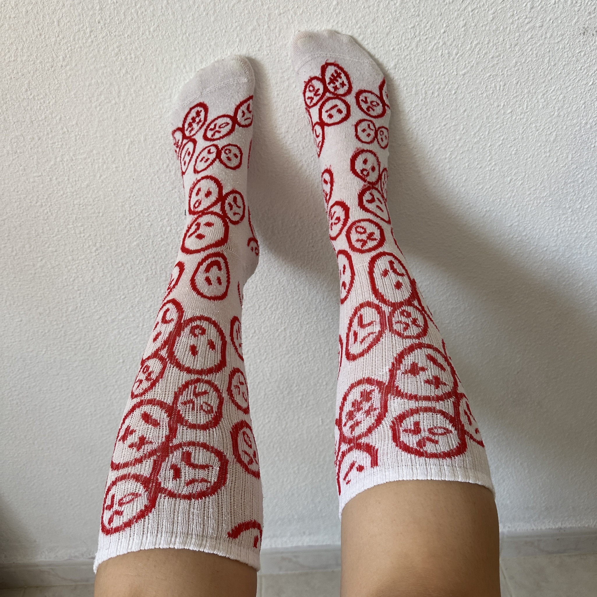 White Funny Ankle Socks With Red Faces