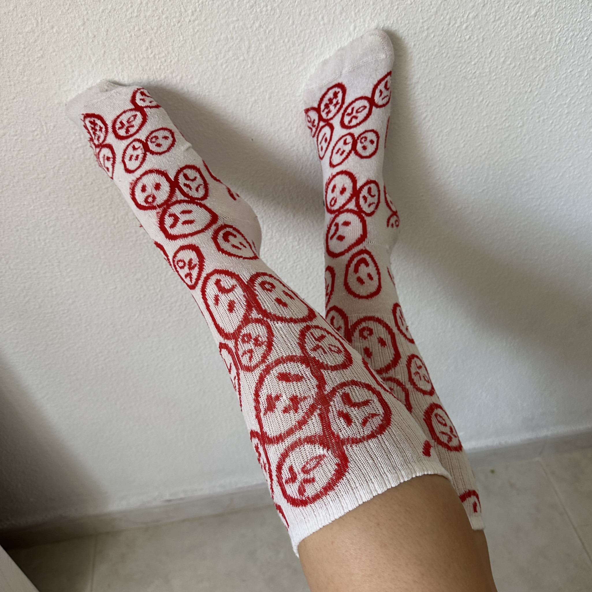 White Funny Ankle Socks With Red Faces
