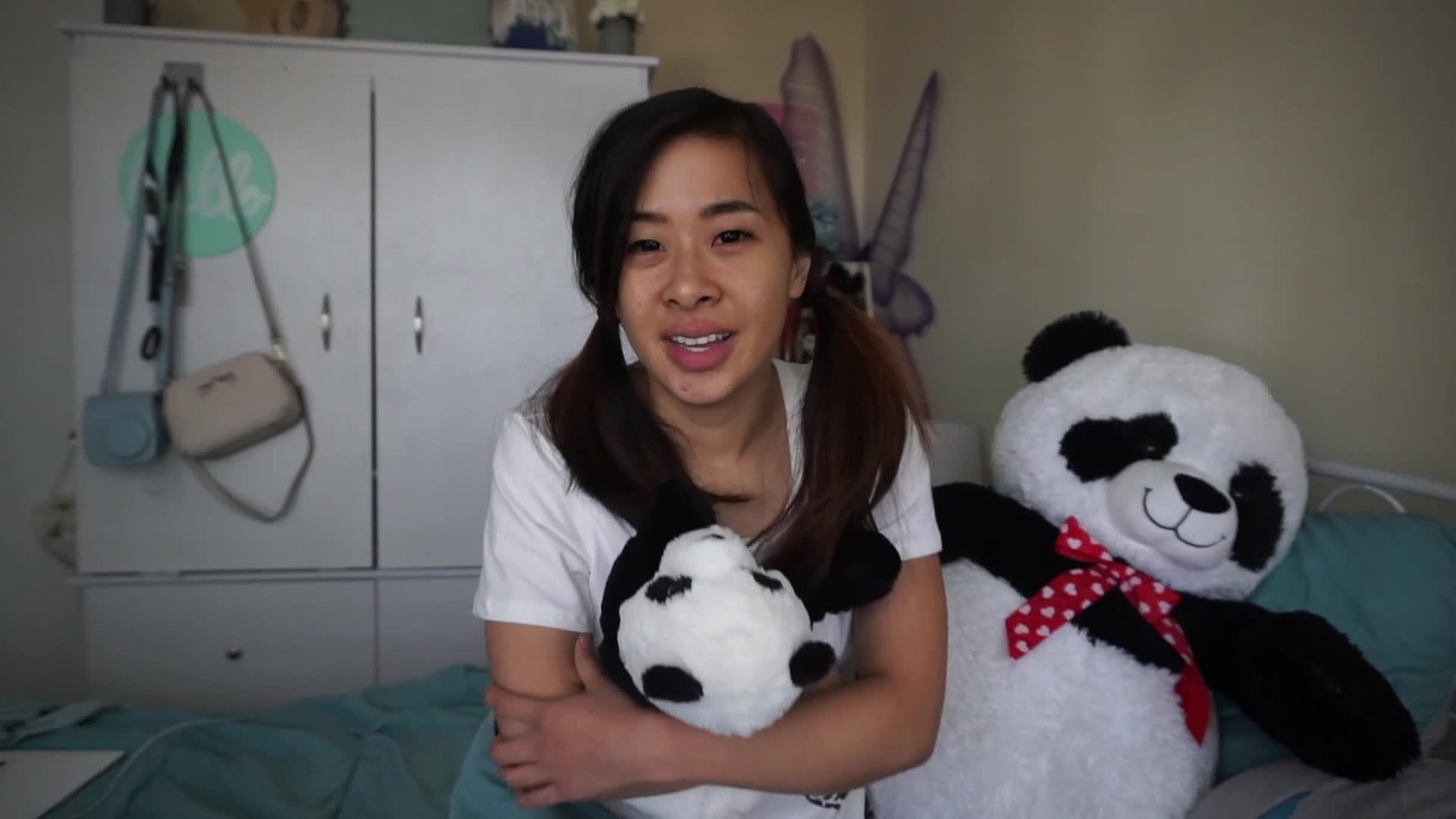 I end up humping my panda plushie for him before I notice his hard cock pop...